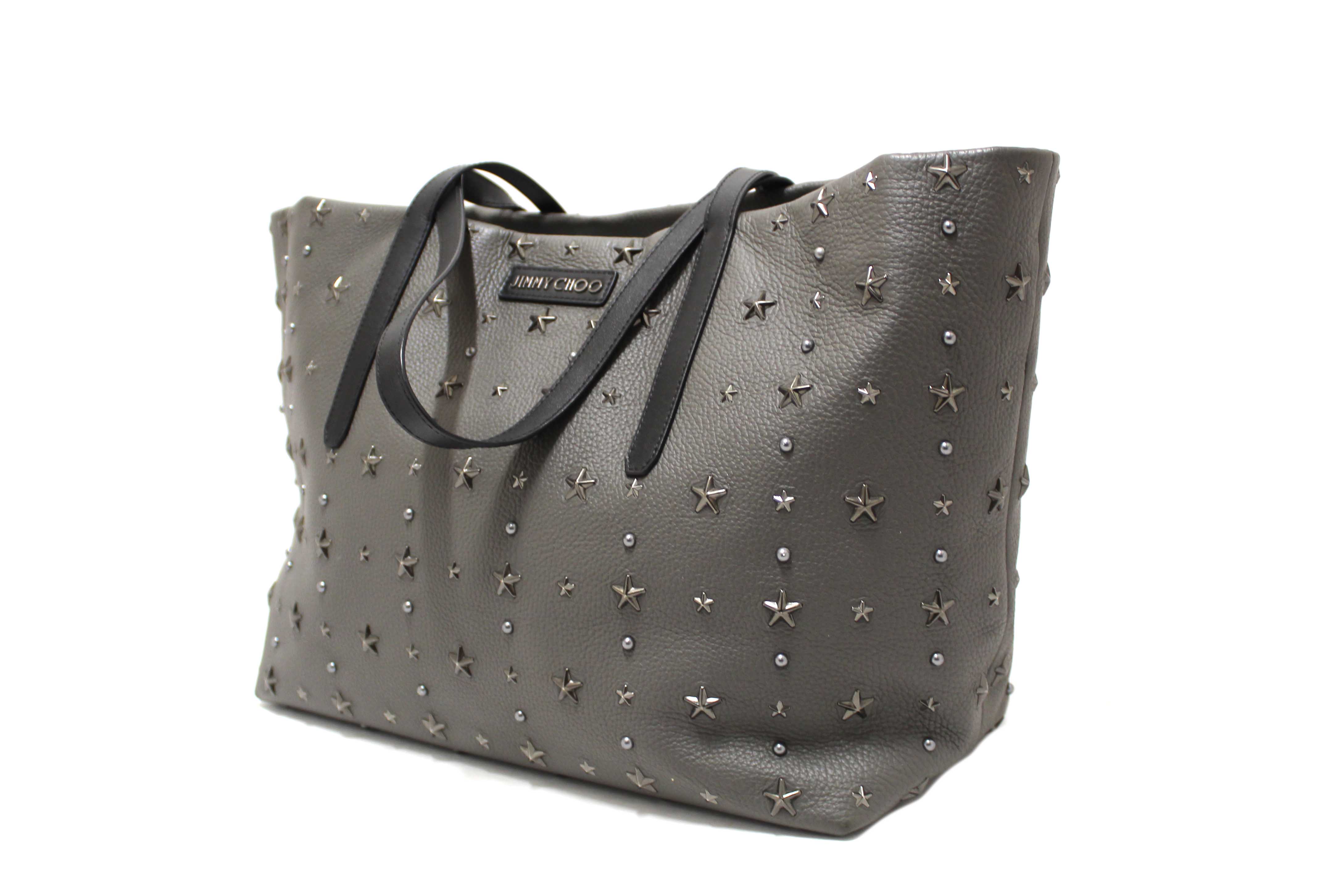 Authentic Jimmy Choo Grey  Leather Pimlico Star Studded Shoulder Tote