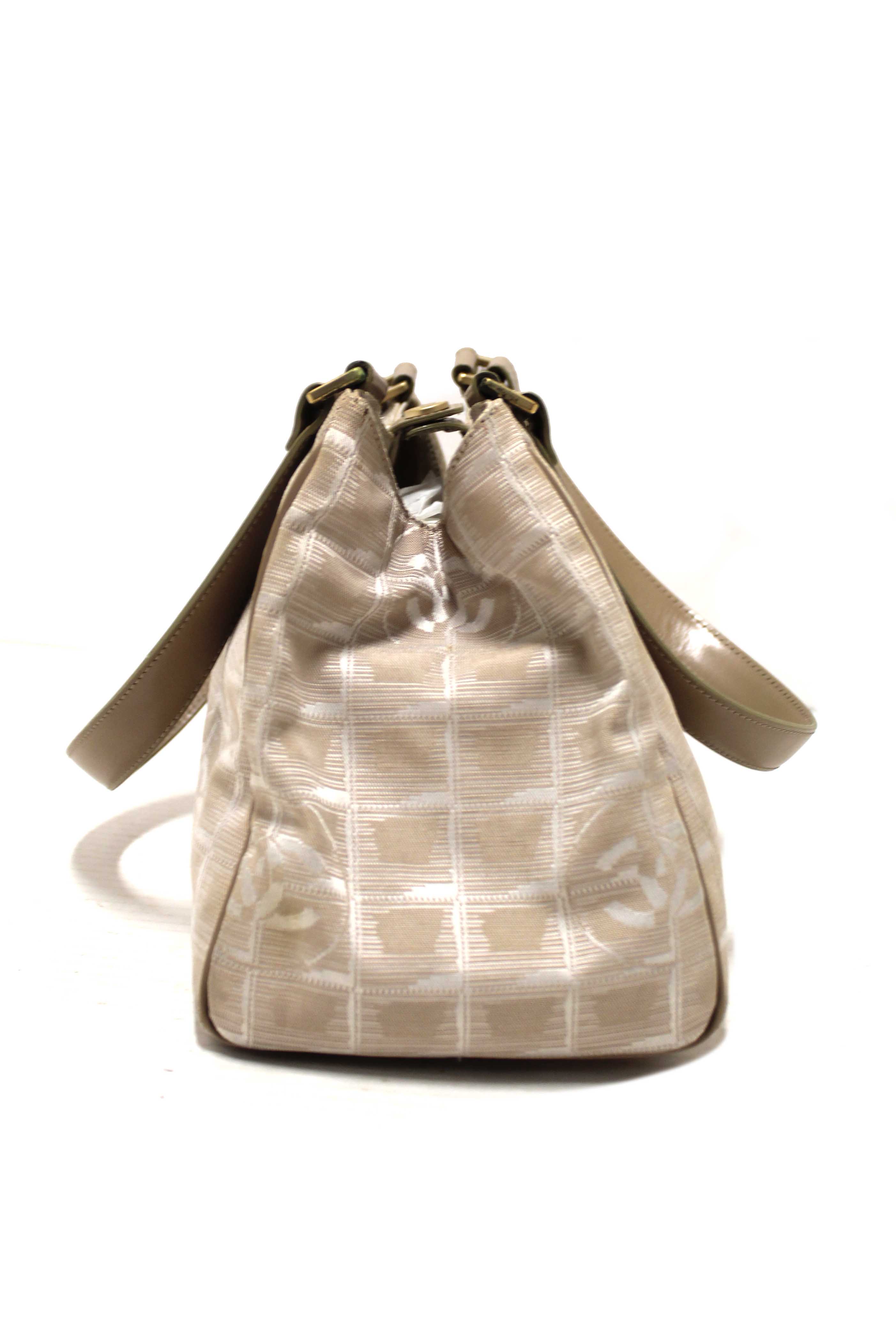 Authentic Chanel Vintage Beige Nylon CC Logo Travel Line Small Shoulder Bag