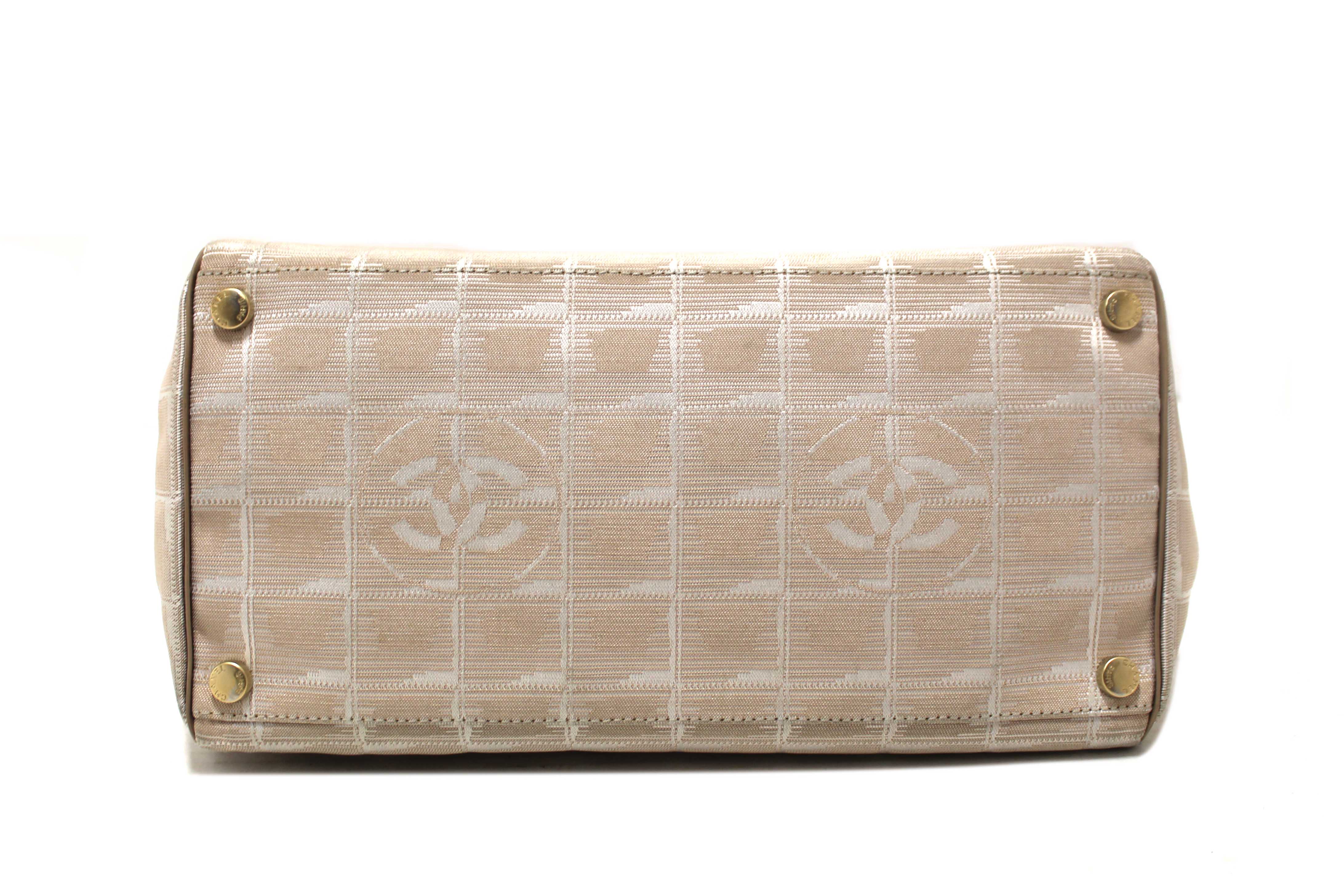 Authentic Chanel Vintage Beige Nylon CC Logo Travel Line Small Shoulder Bag