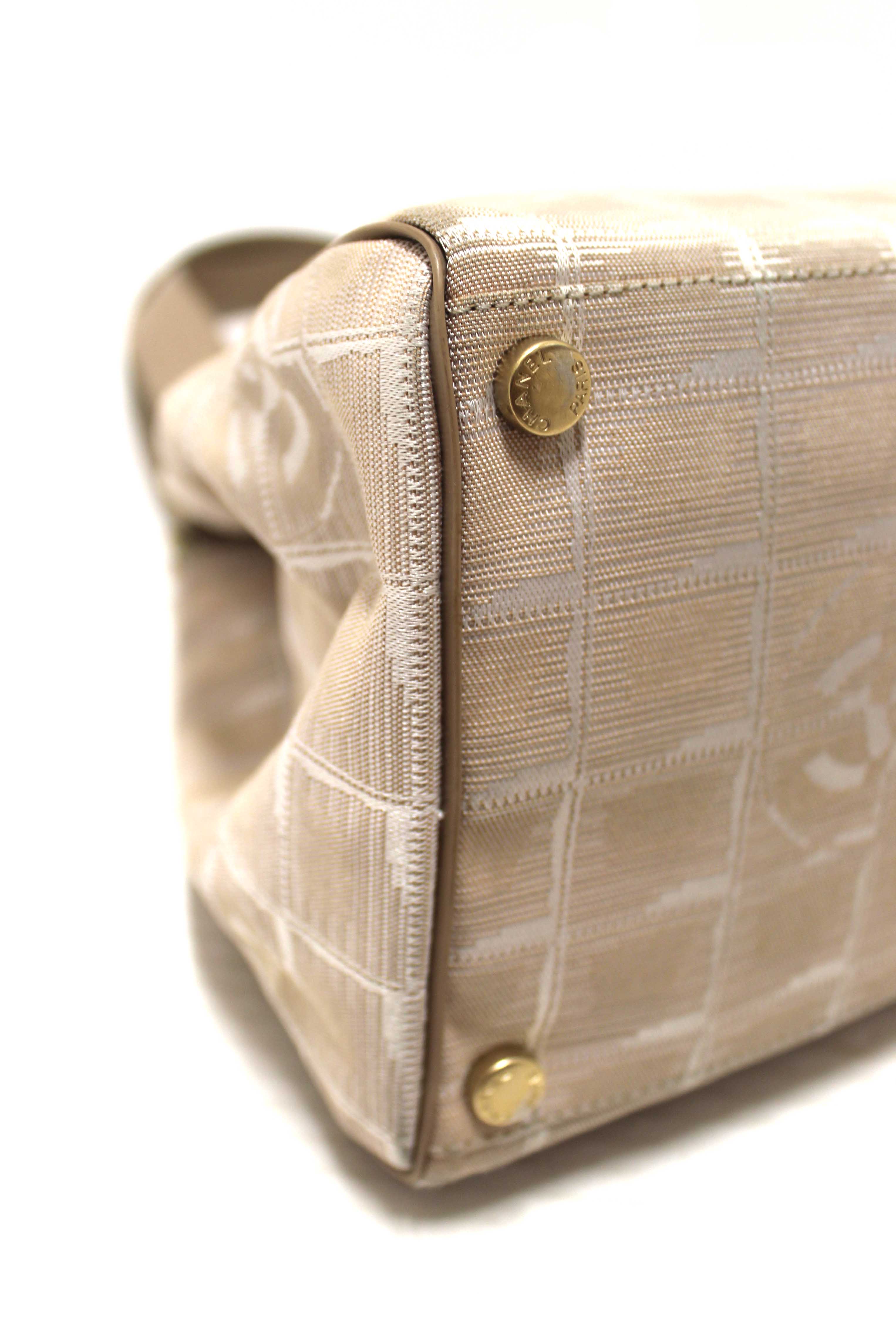 Authentic Chanel Vintage Beige Nylon CC Logo Travel Line Small Shoulder Bag