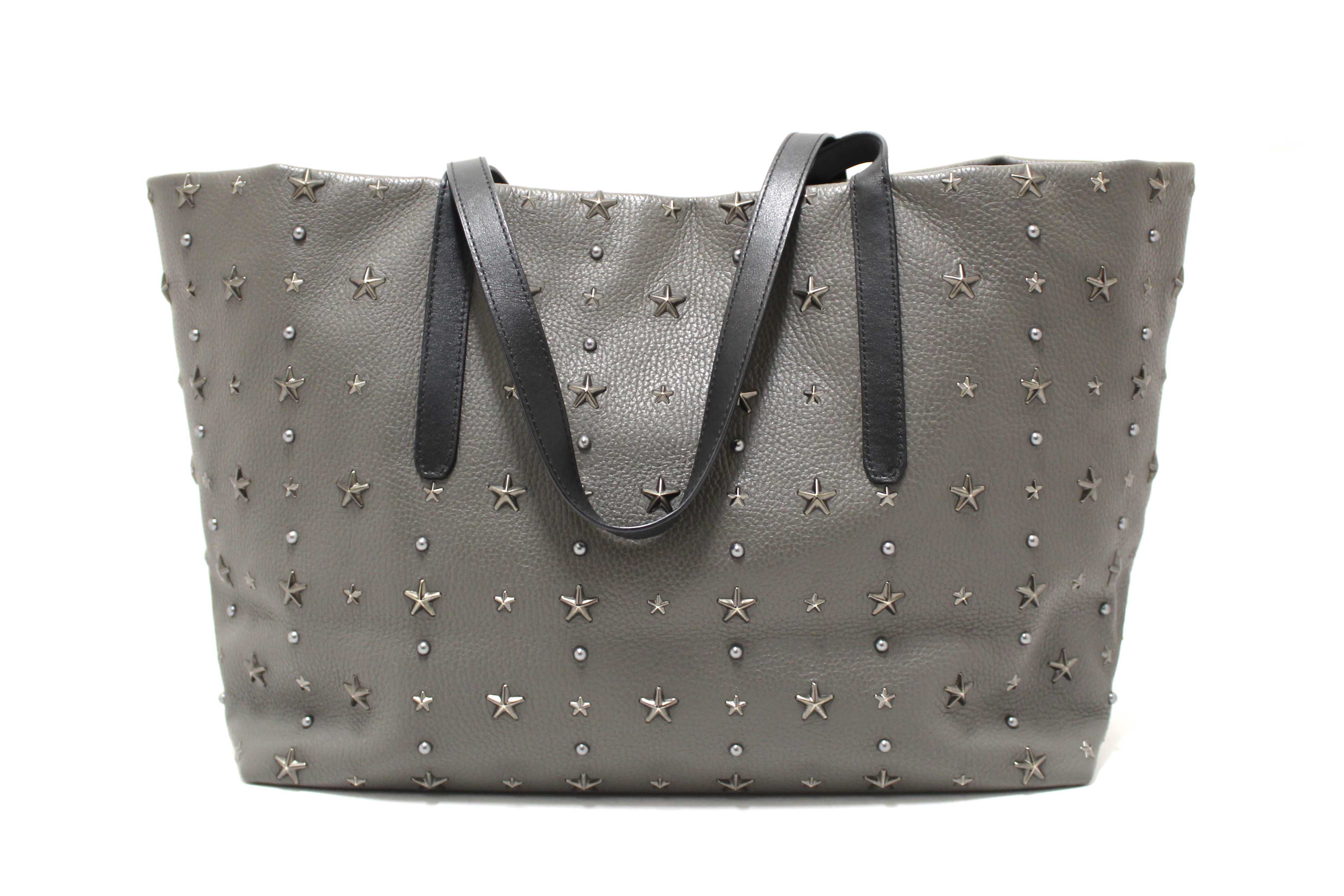 Authentic Jimmy Choo Grey  Leather Pimlico Star Studded Shoulder Tote