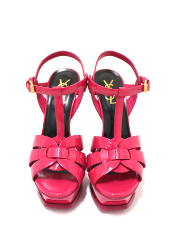 Authentic Yves Saint Laurent YSL Pink Patent Leather Tribute Platform Sandals Size 37