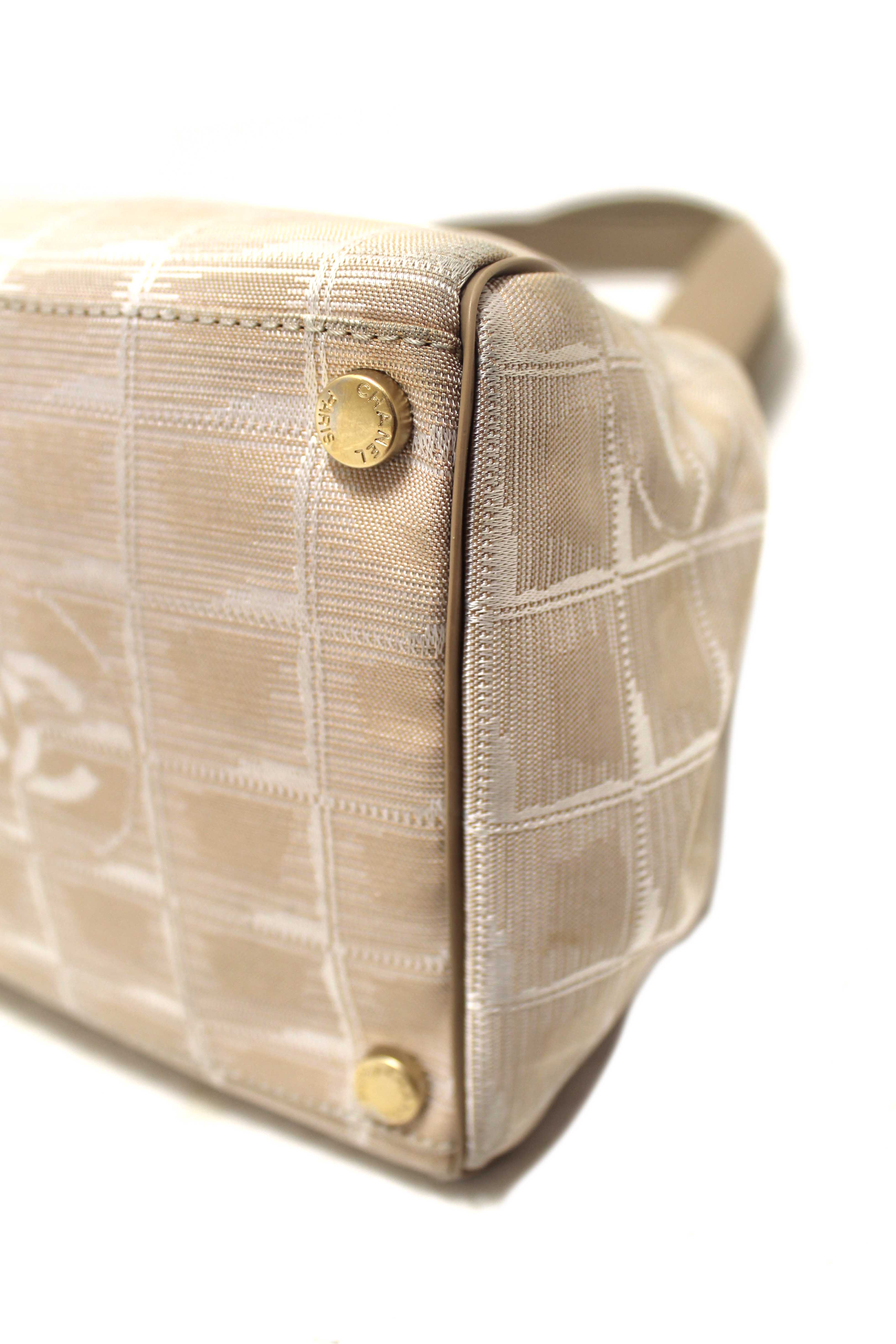 Authentic Chanel Vintage Beige Nylon CC Logo Travel Line Small Shoulder Bag