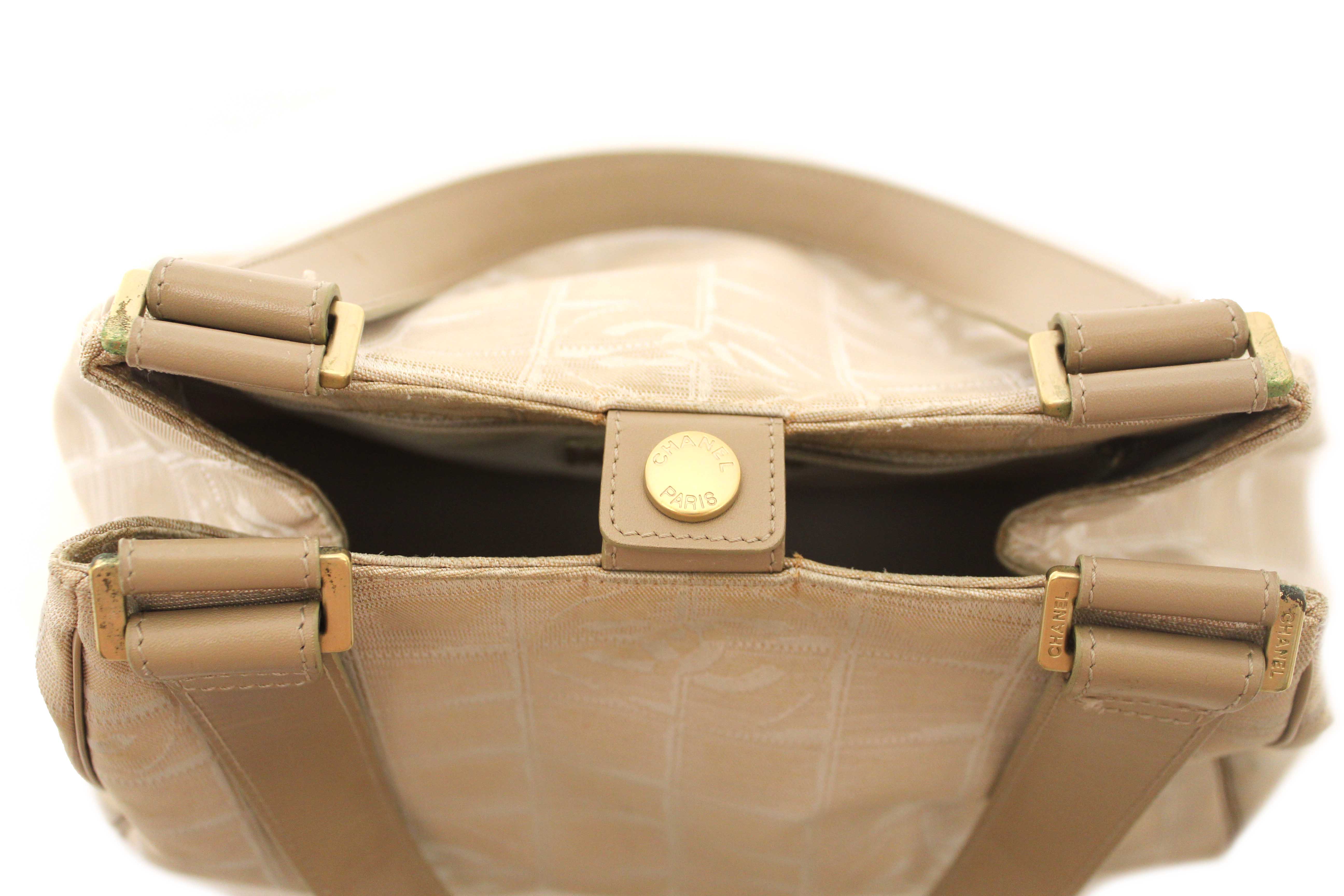 Authentic Chanel Vintage Beige Nylon CC Logo Travel Line Small Shoulder Bag