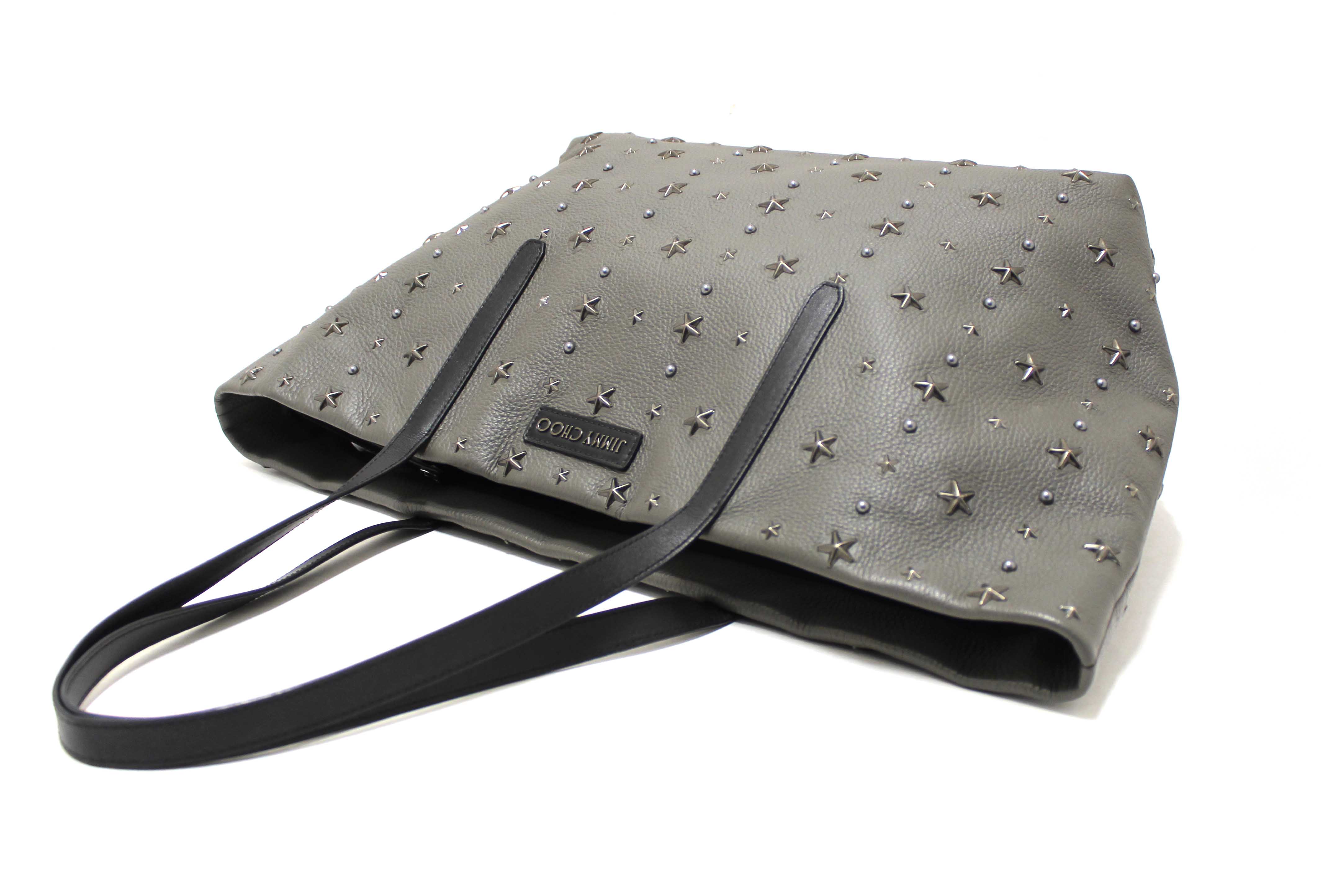 Authentic Jimmy Choo Grey  Leather Pimlico Star Studded Shoulder Tote