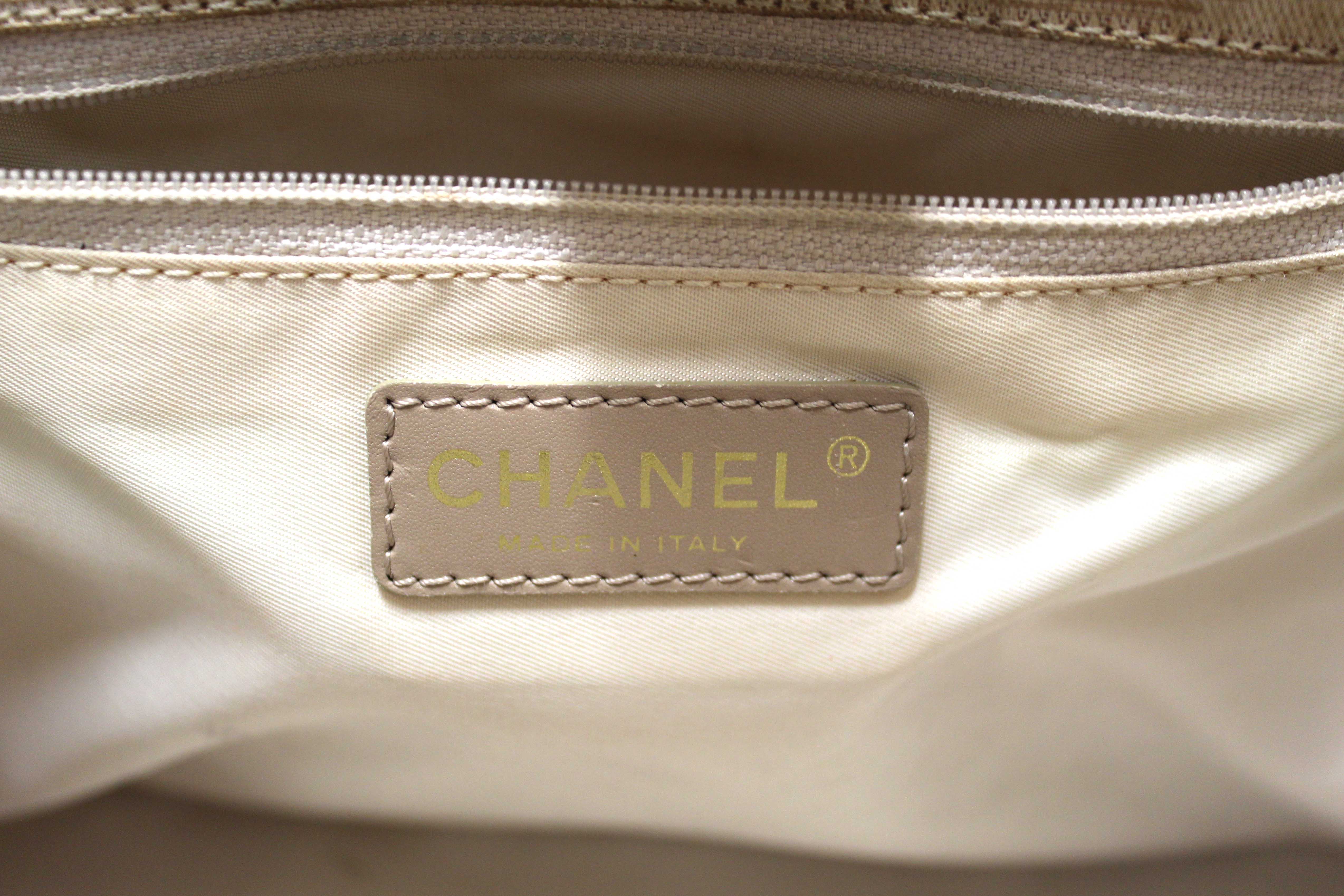 Authentic Chanel Vintage Beige Nylon CC Logo Travel Line Small Shoulder Bag
