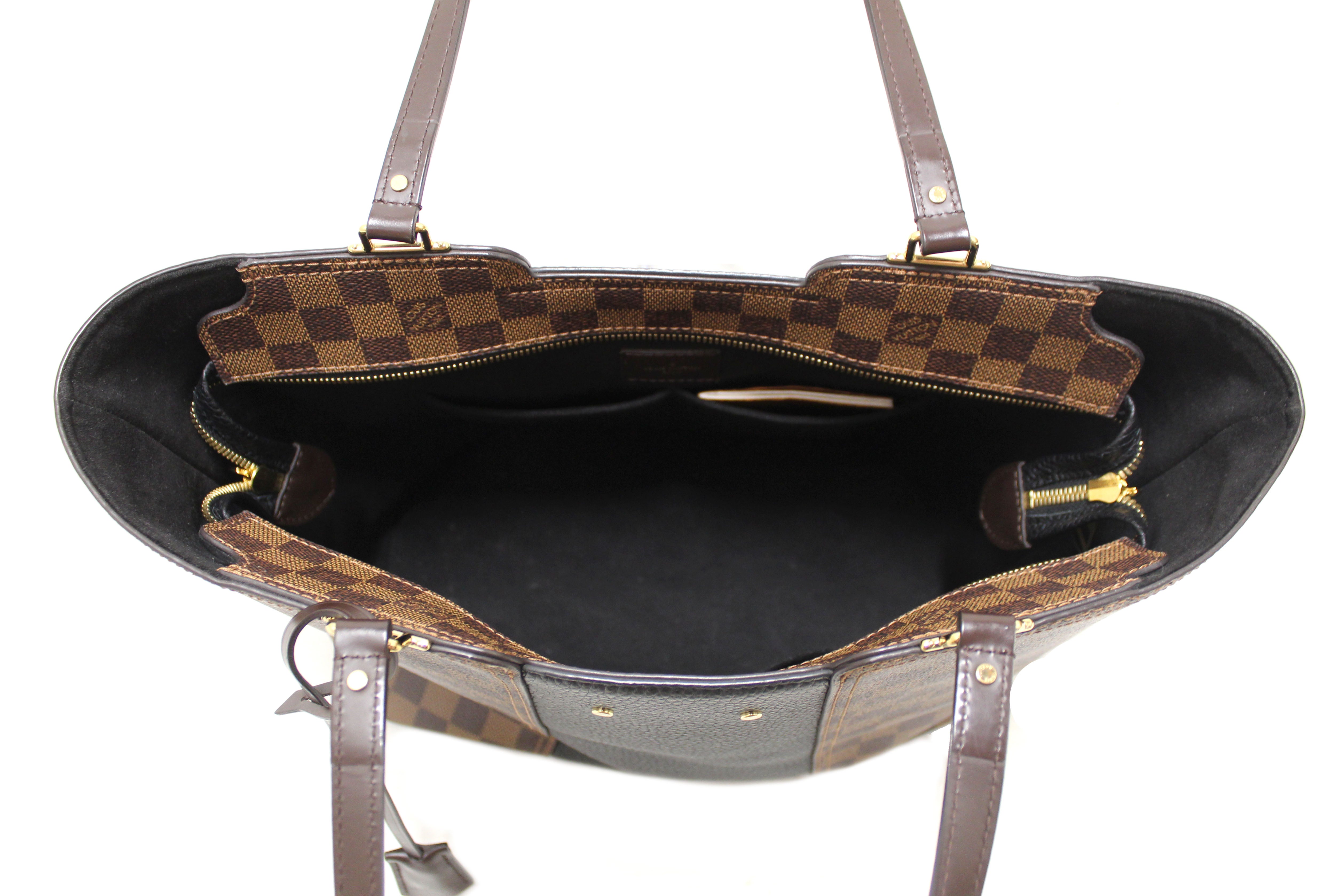 Authentic Louis Vuitton Damier Ebene with Black Leather Jersey Tote Bag