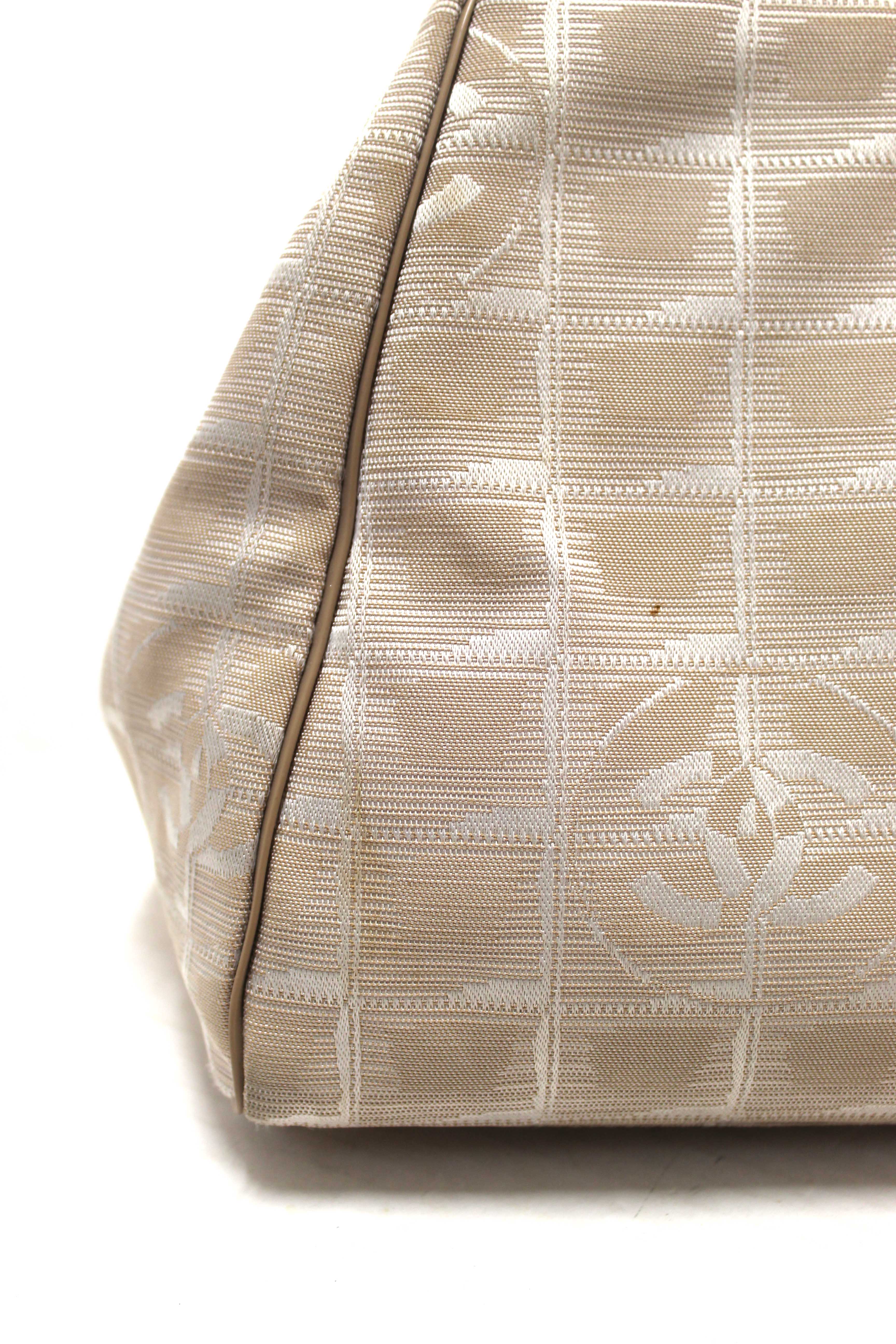 Authentic Chanel Vintage Beige Nylon CC Logo Travel Line Small Shoulder Bag