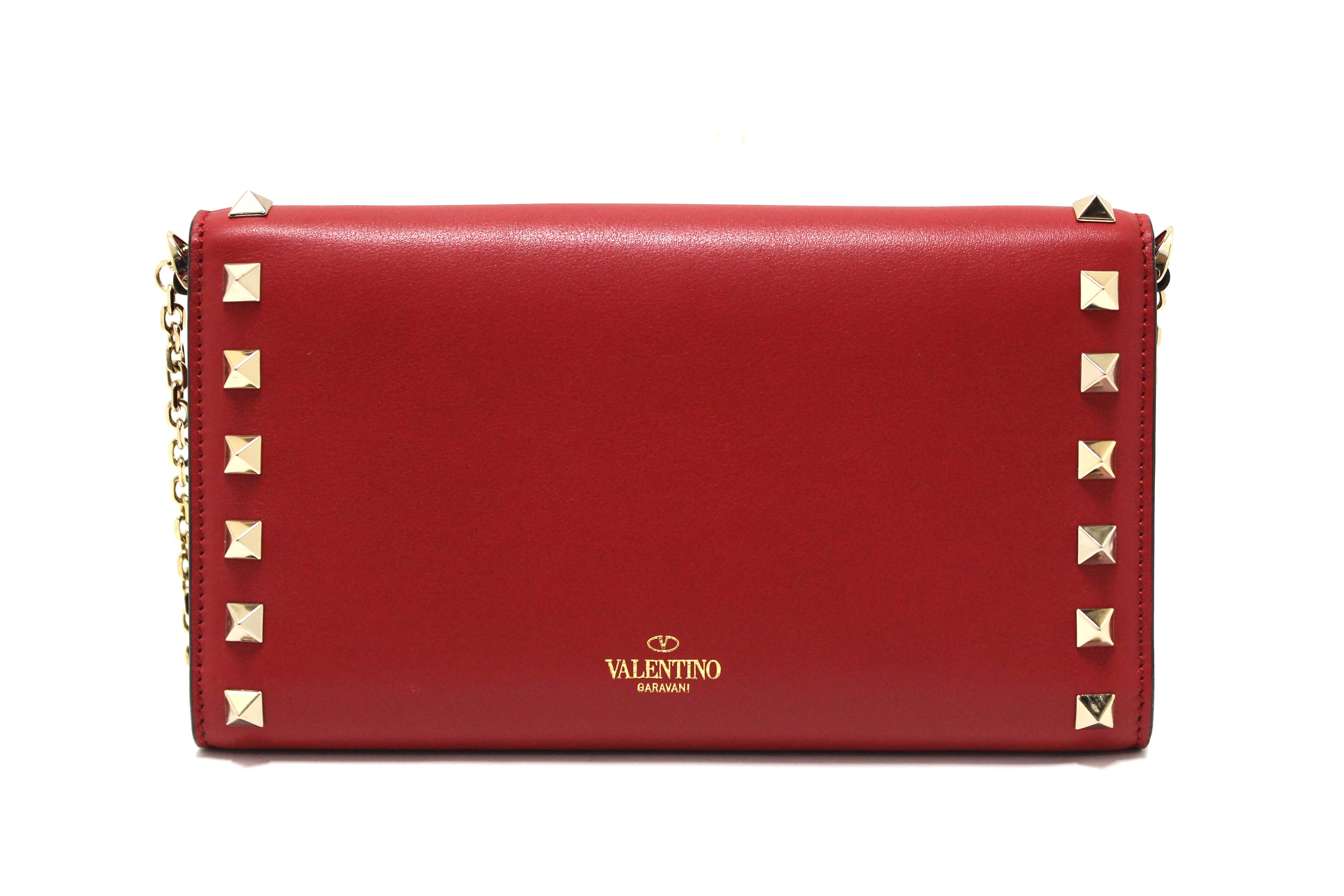Authentic Valentino Garavani Red Vitello Small Rockstuf Flap Wallet on Chain