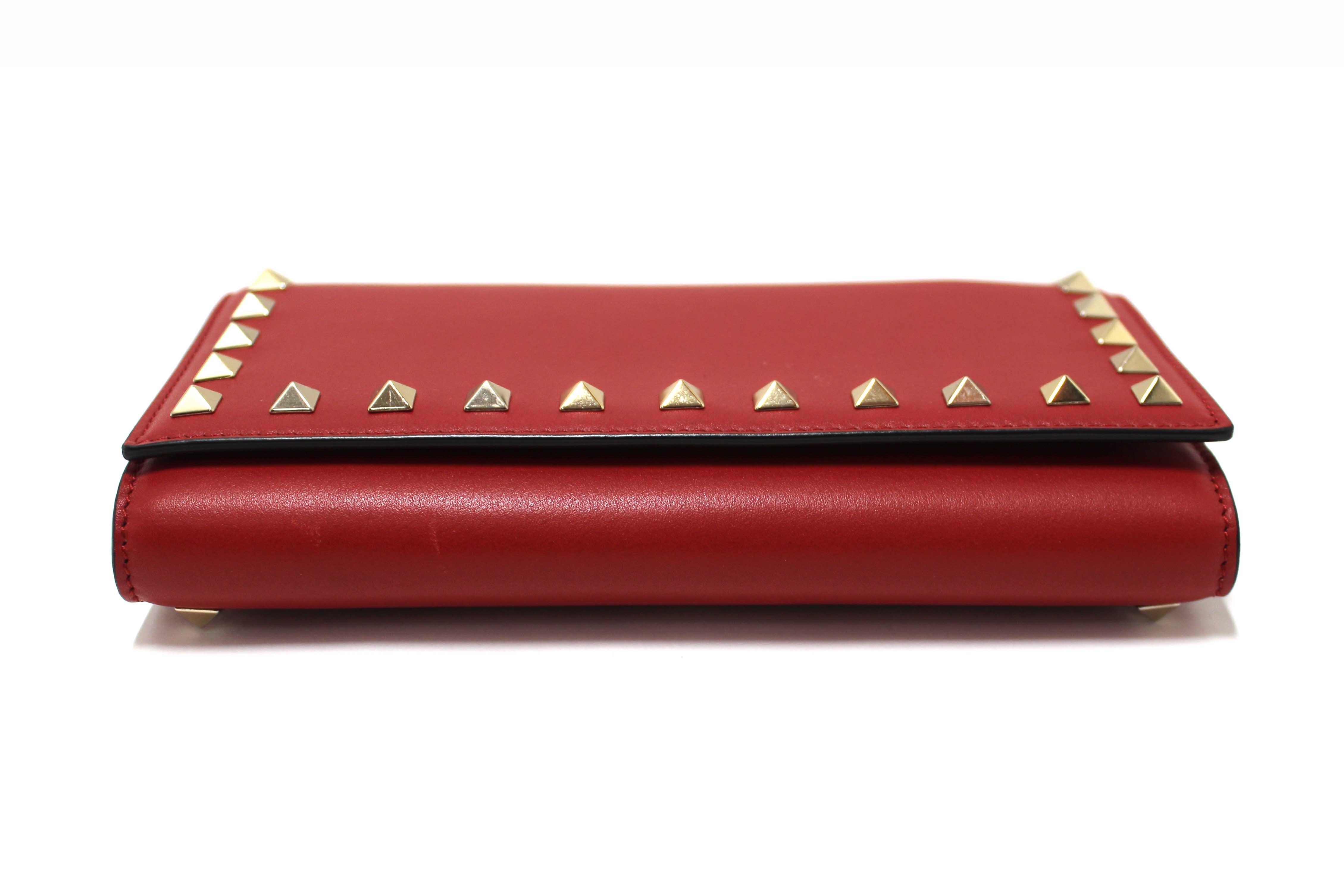 Authentic Valentino Garavani Red Vitello Small Rockstuf Flap Wallet on Chain