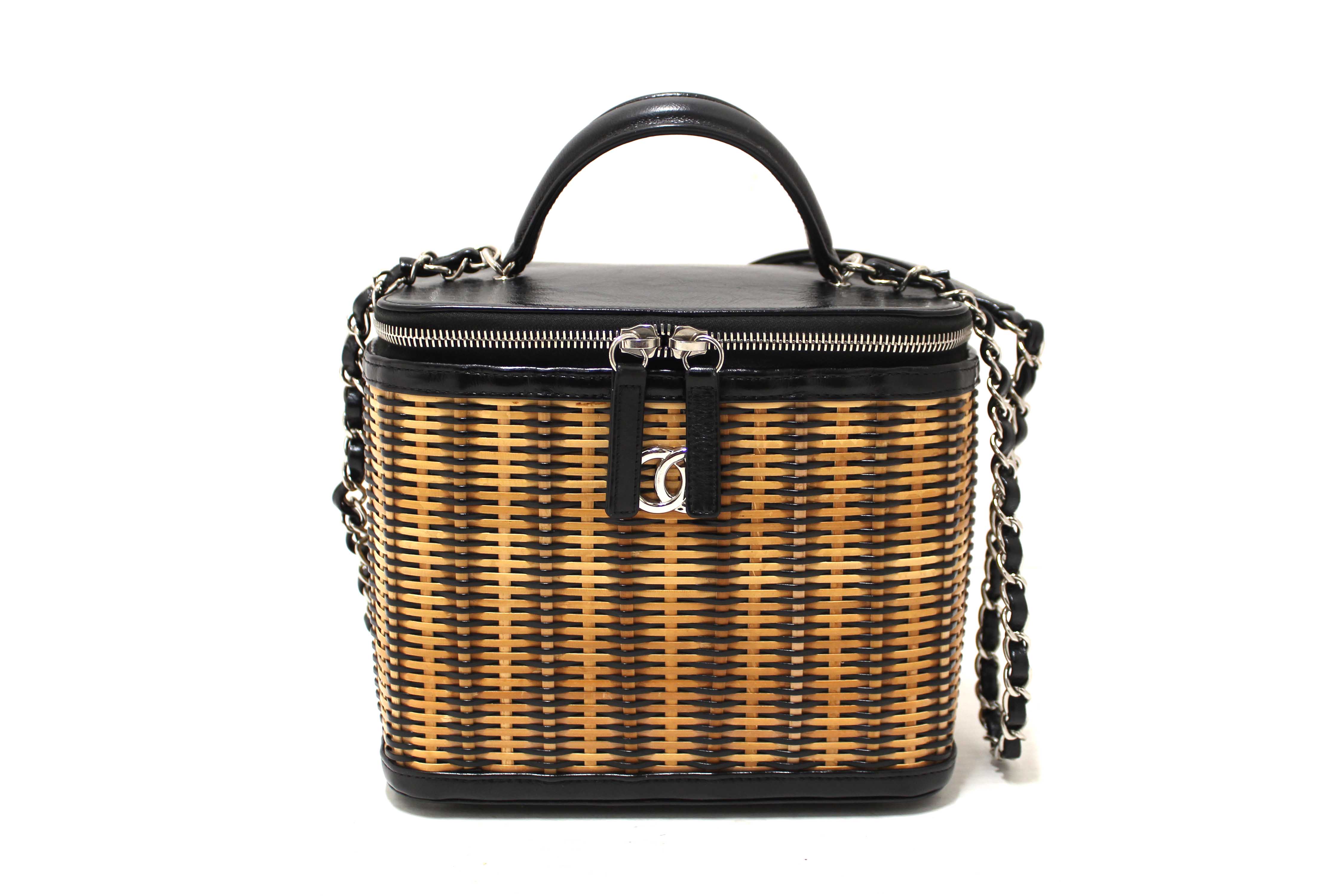 Authentic Chanel Black Calfskin and Raffia Vanity Case Shoulder Bag
