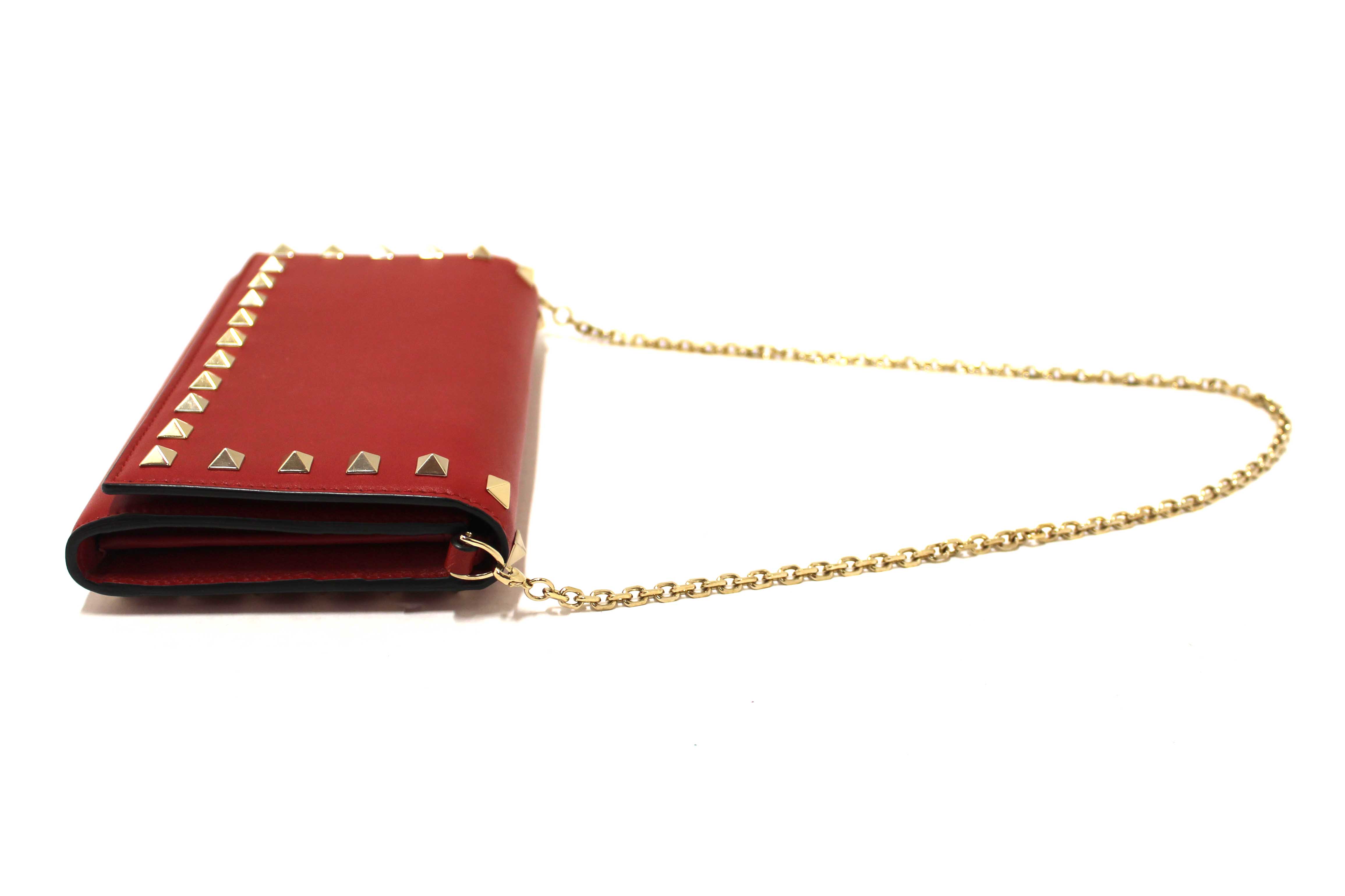 Authentic Valentino Garavani Red Vitello Small Rockstuf Flap Wallet on Chain