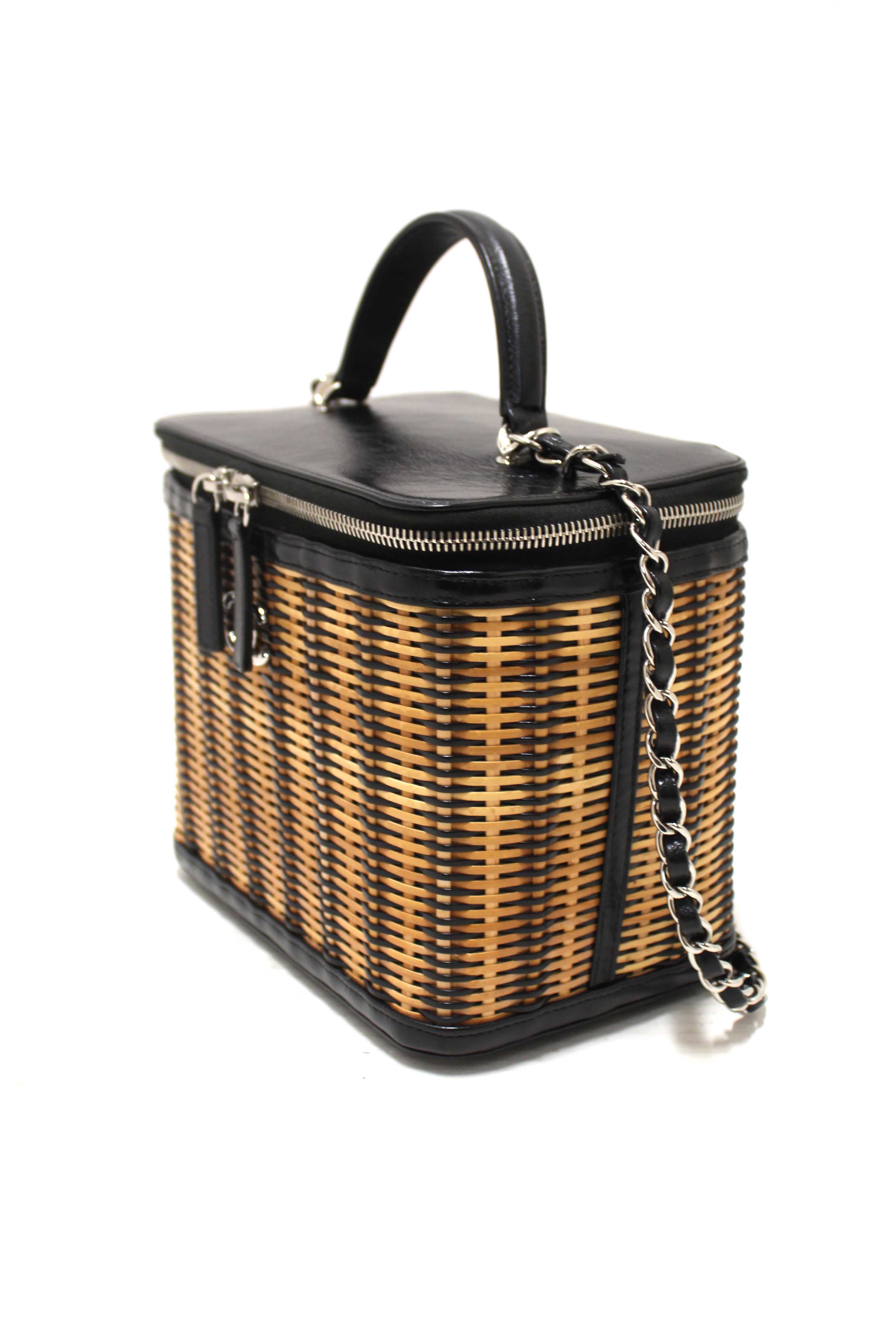 Authentic Chanel Black Calfskin and Raffia Vanity Case Shoulder Bag