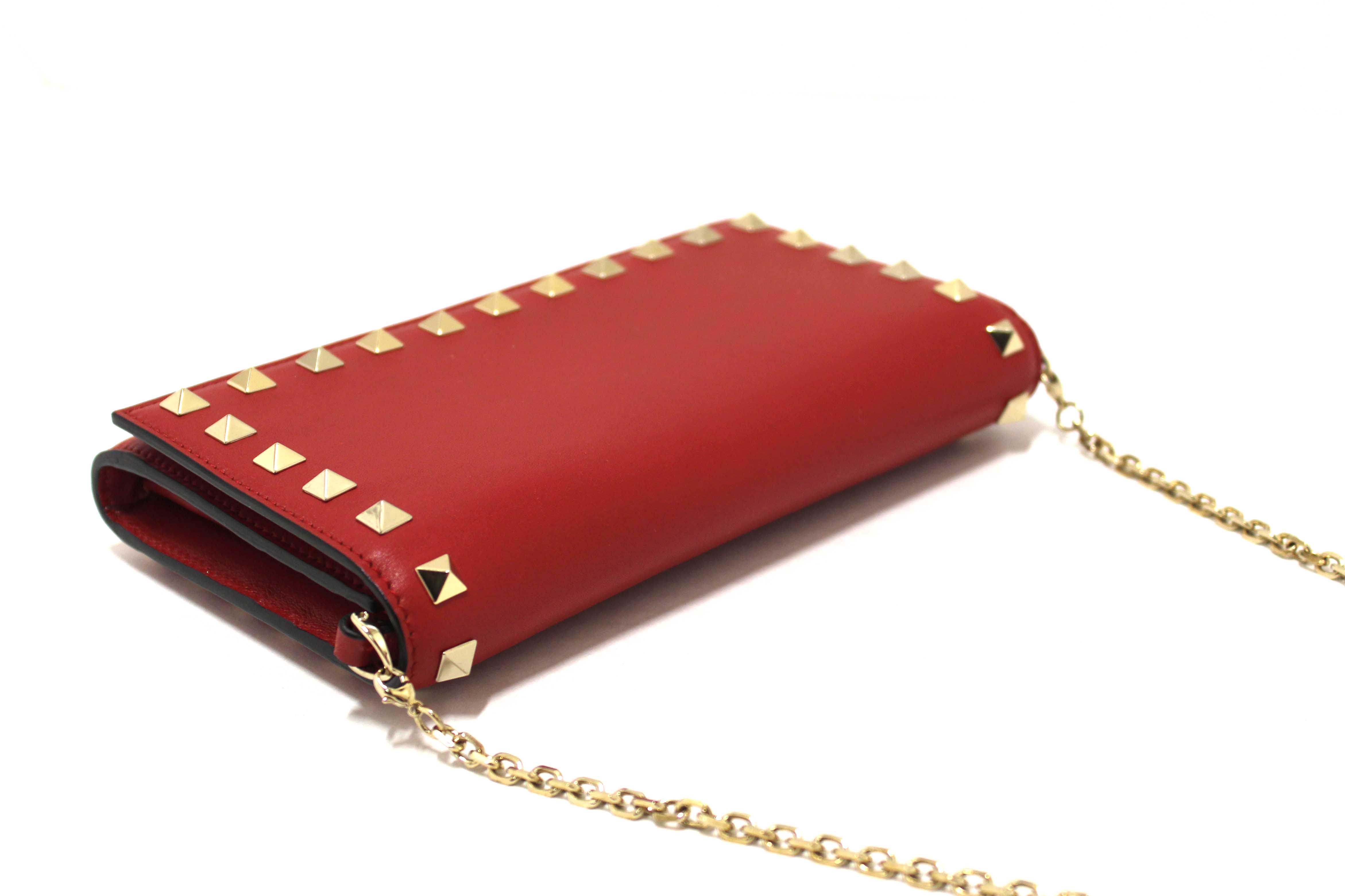 Authentic Valentino Garavani Red Vitello Small Rockstuf Flap Wallet on Chain