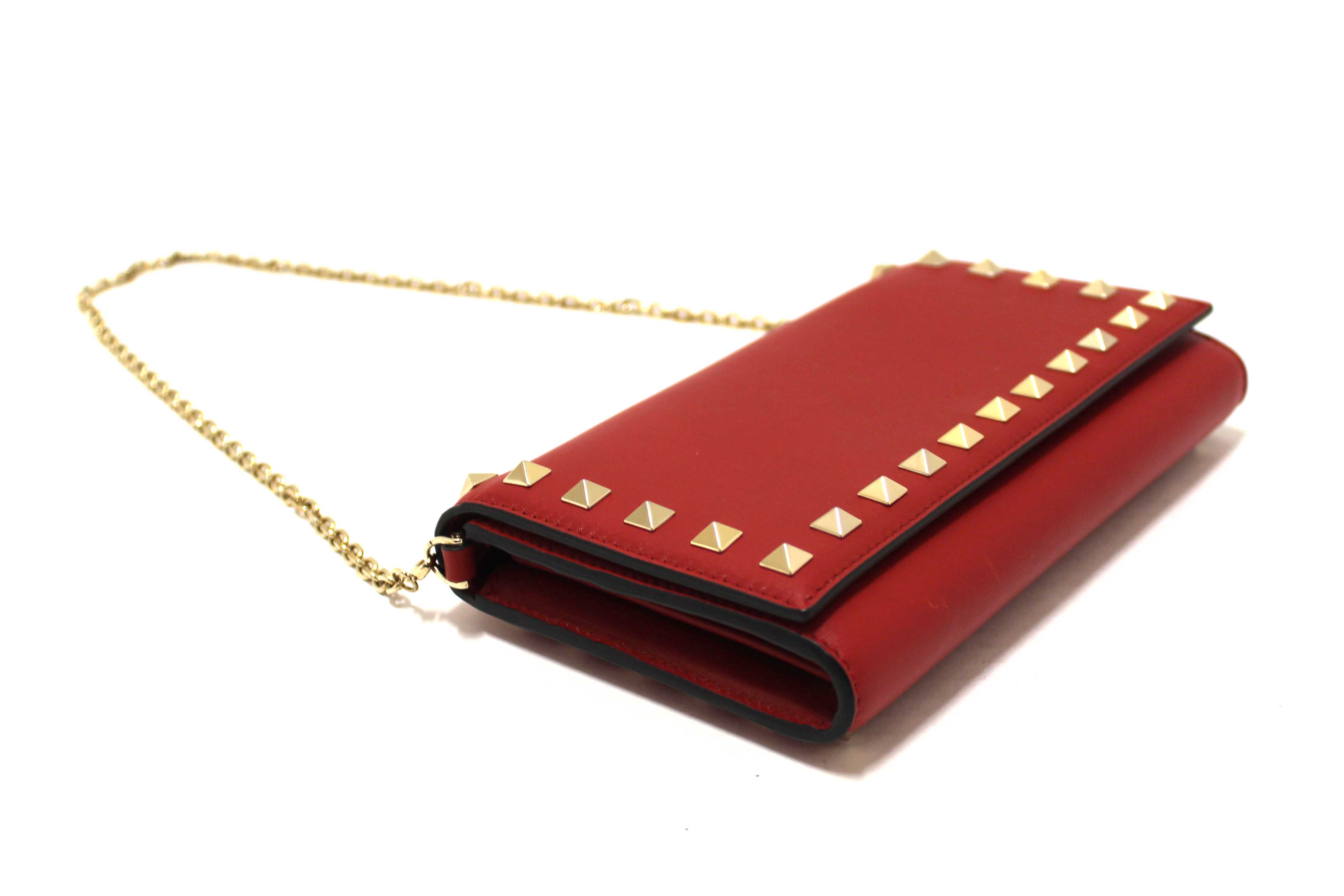 Authentic Valentino Garavani Red Vitello Small Rockstuf Flap Wallet on Chain