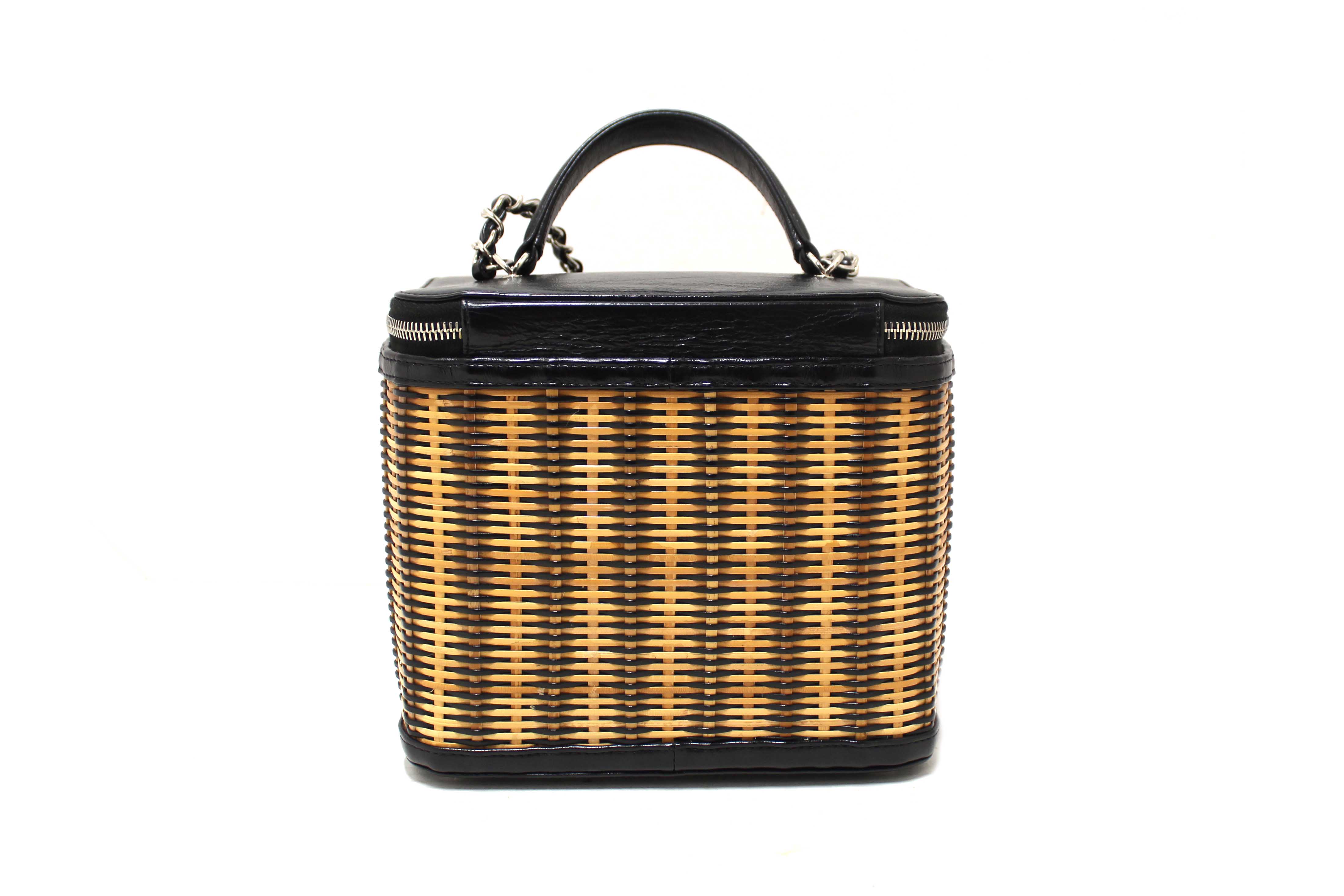 Authentic Chanel Black Calfskin and Raffia Vanity Case Shoulder Bag