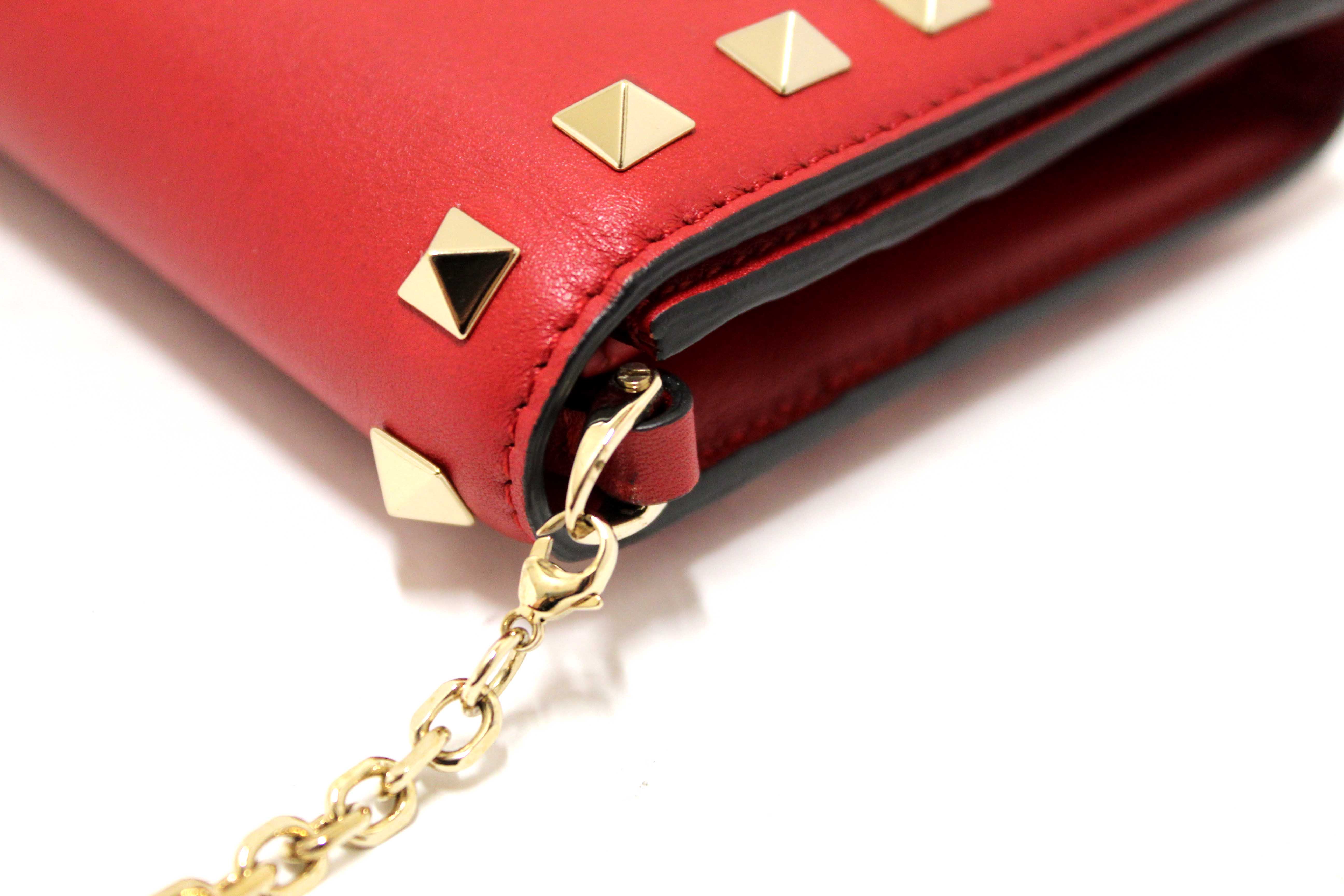 Authentic Valentino Garavani Red Vitello Small Rockstuf Flap Wallet on Chain