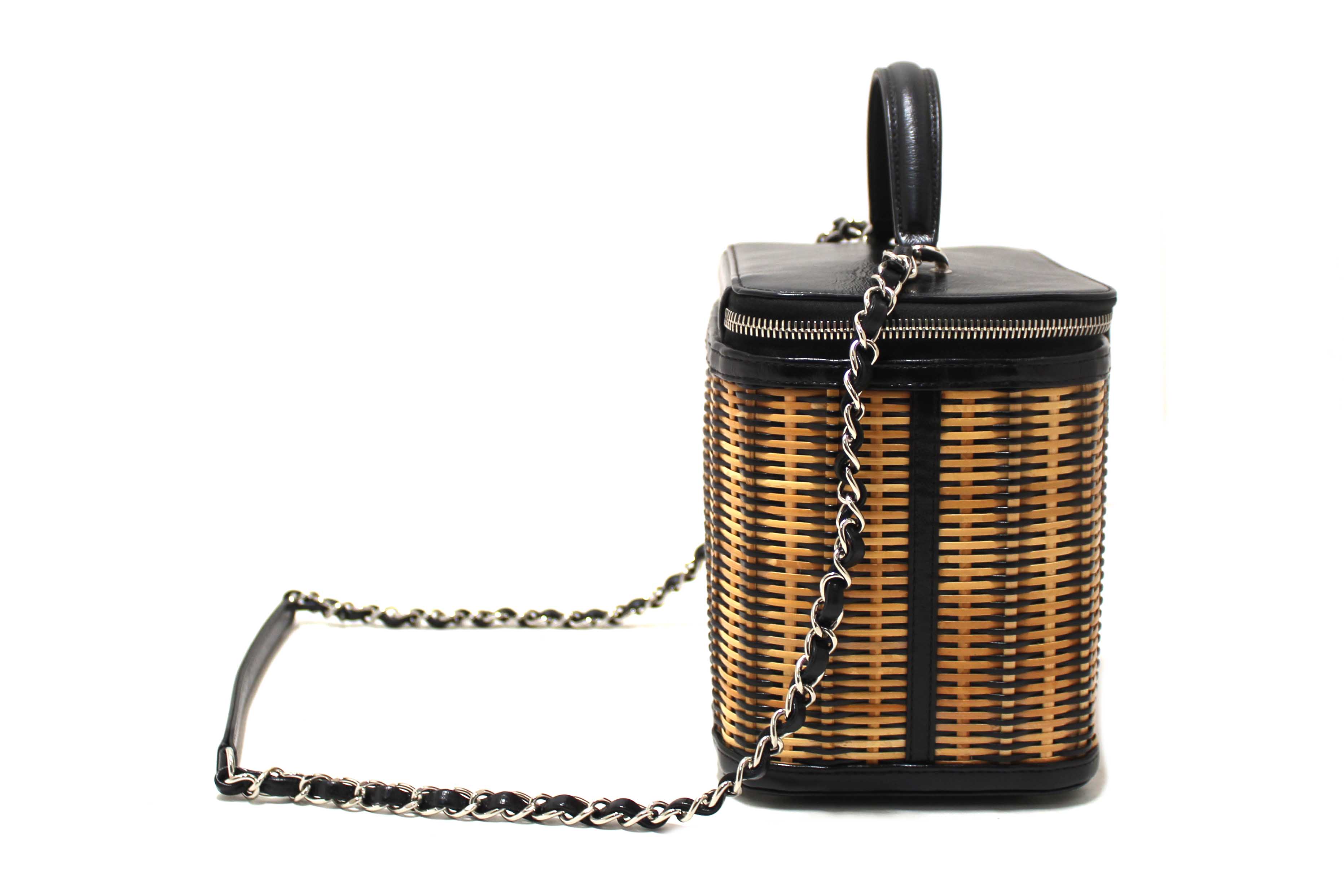 Authentic Chanel Black Calfskin and Raffia Vanity Case Shoulder Bag