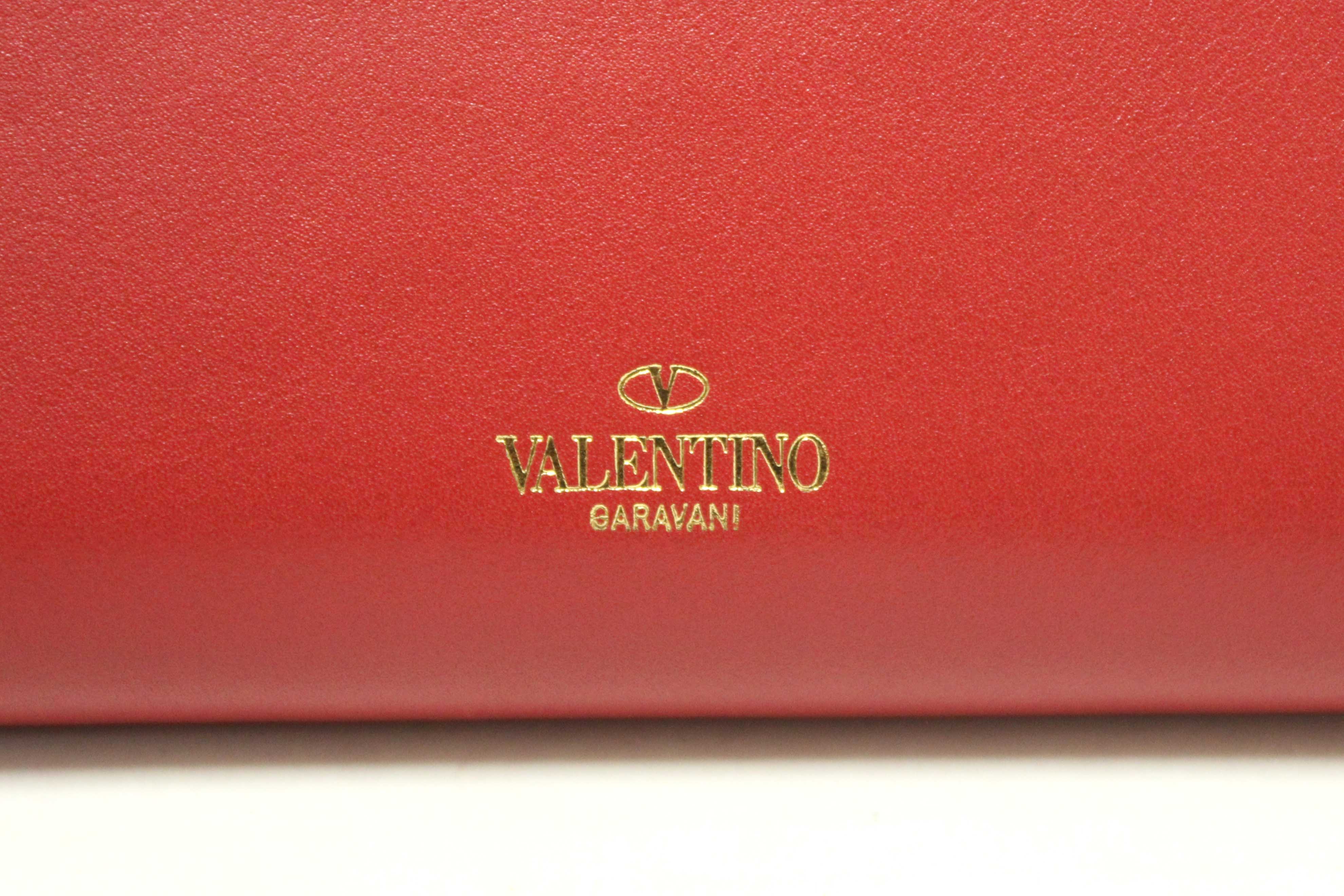 Authentic Valentino Garavani Red Vitello Small Rockstuf Flap Wallet on Chain