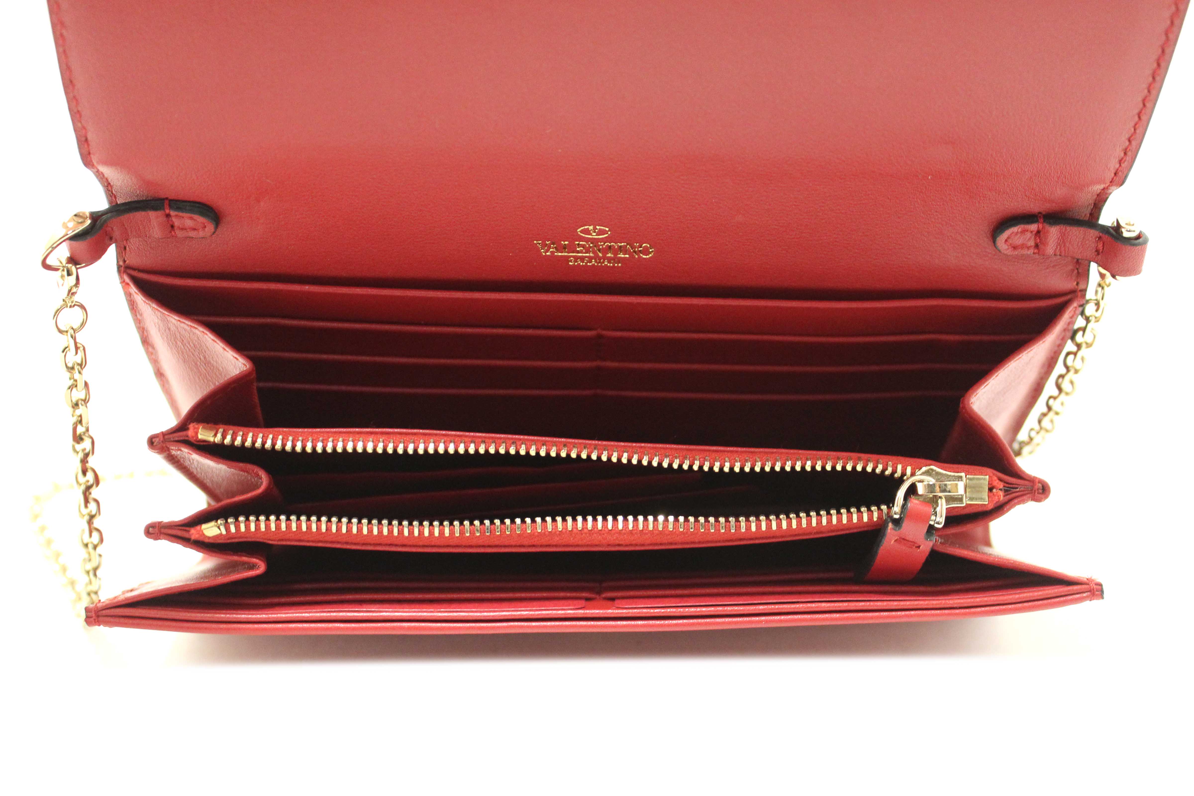 Authentic Valentino Garavani Red Vitello Small Rockstuf Flap Wallet on Chain