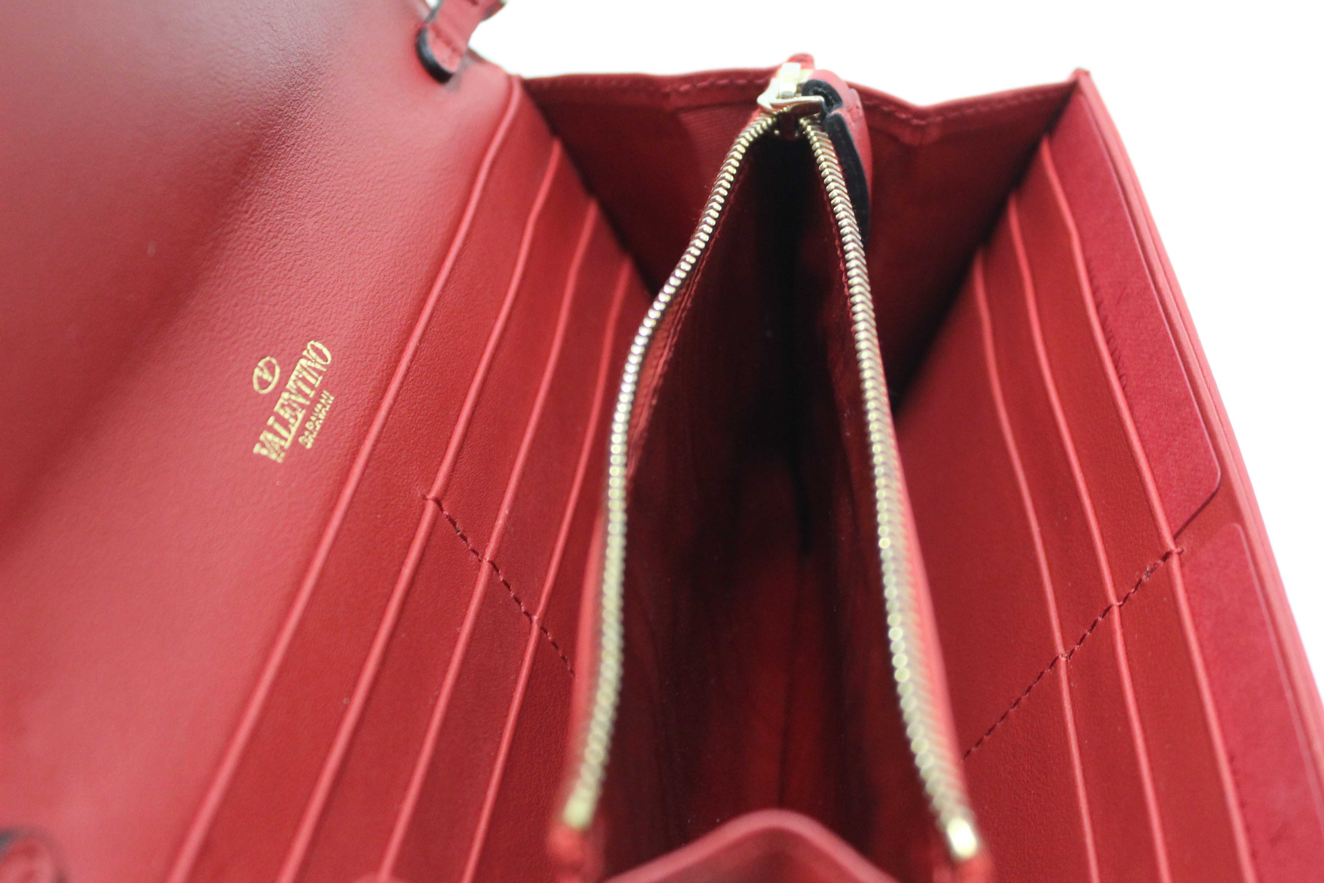 Authentic Valentino Garavani Red Vitello Small Rockstuf Flap Wallet on Chain