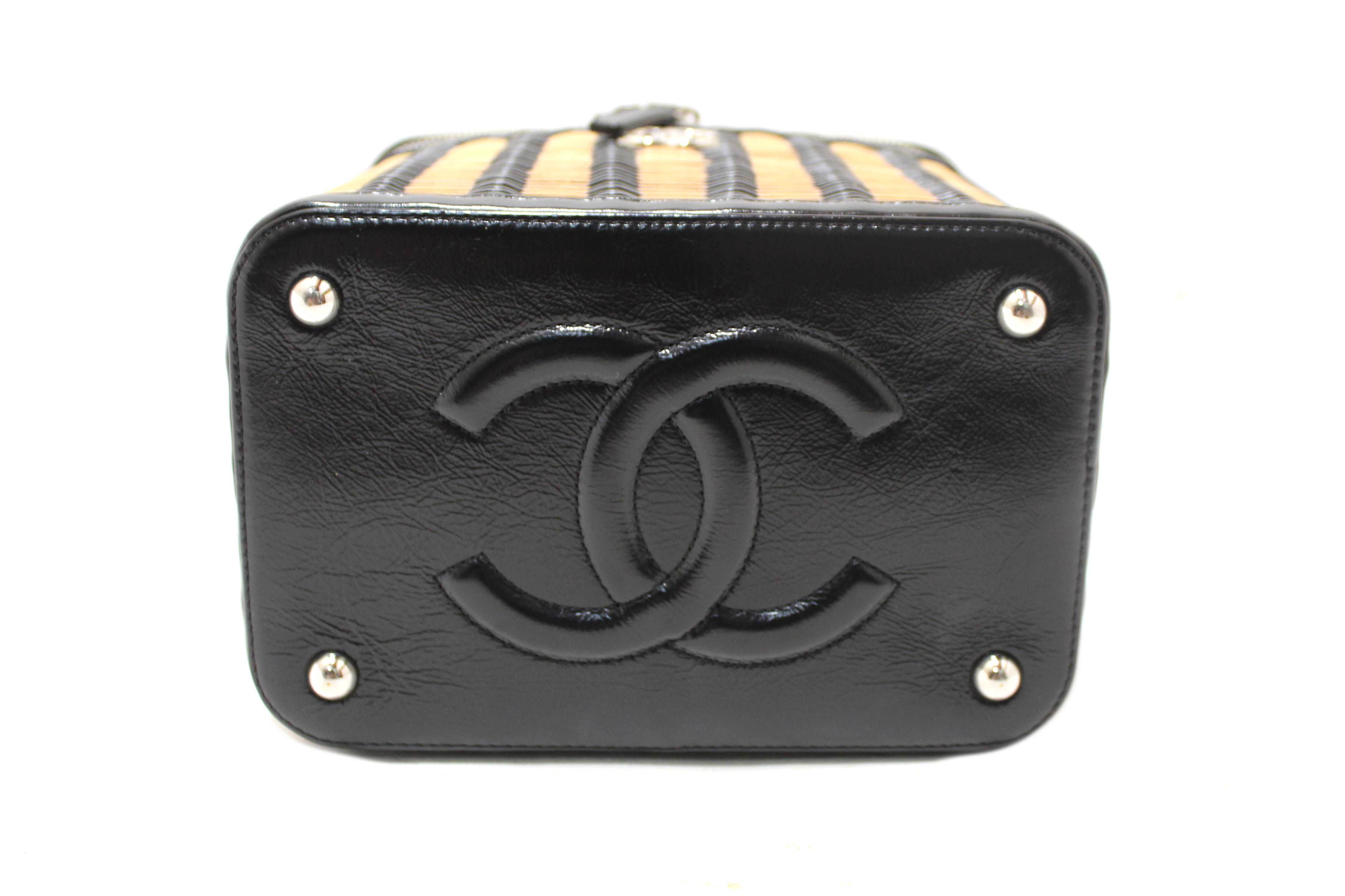 Authentic Chanel Black Calfskin and Raffia Vanity Case Shoulder Bag