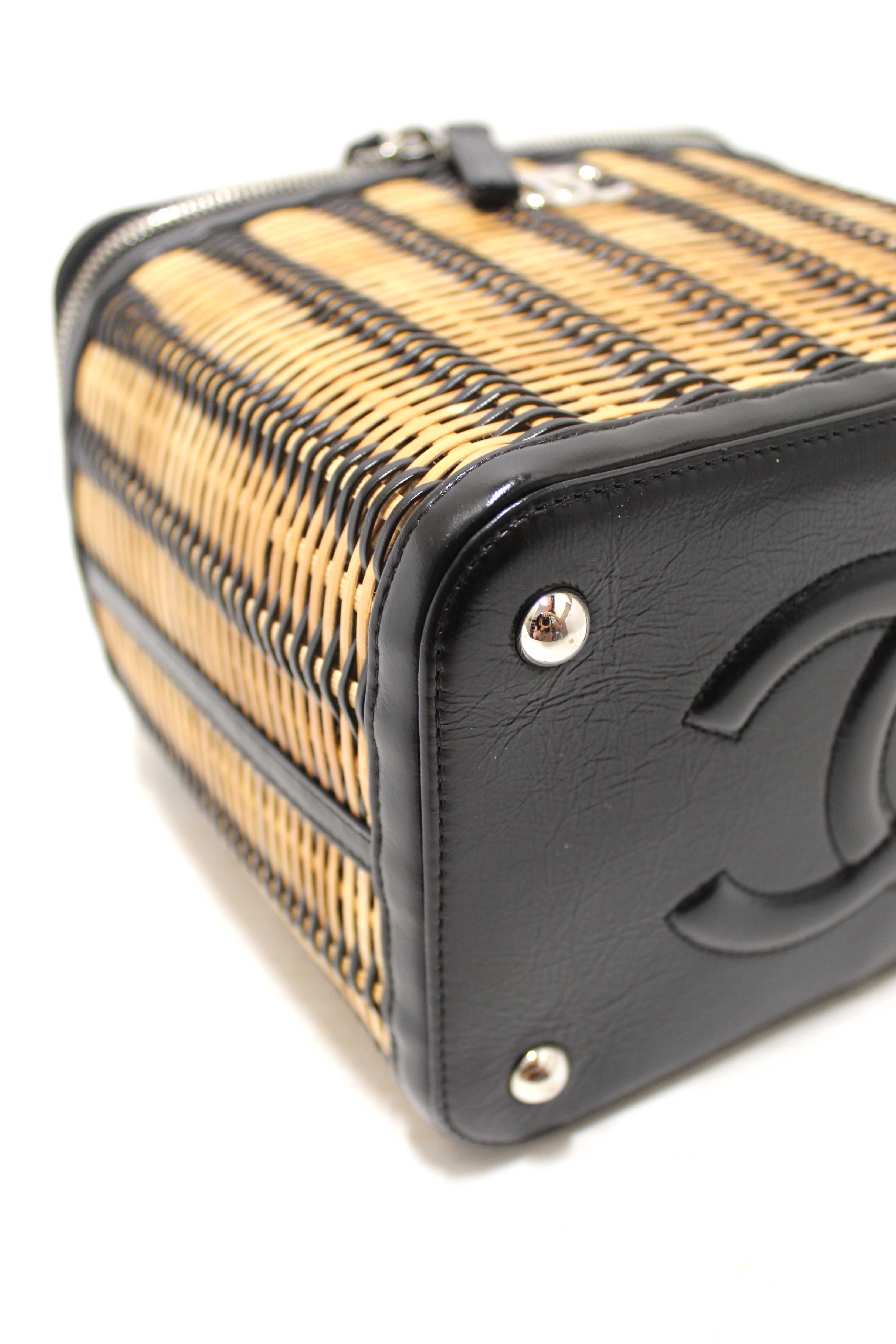 Authentic Chanel Black Calfskin and Raffia Vanity Case Shoulder Bag