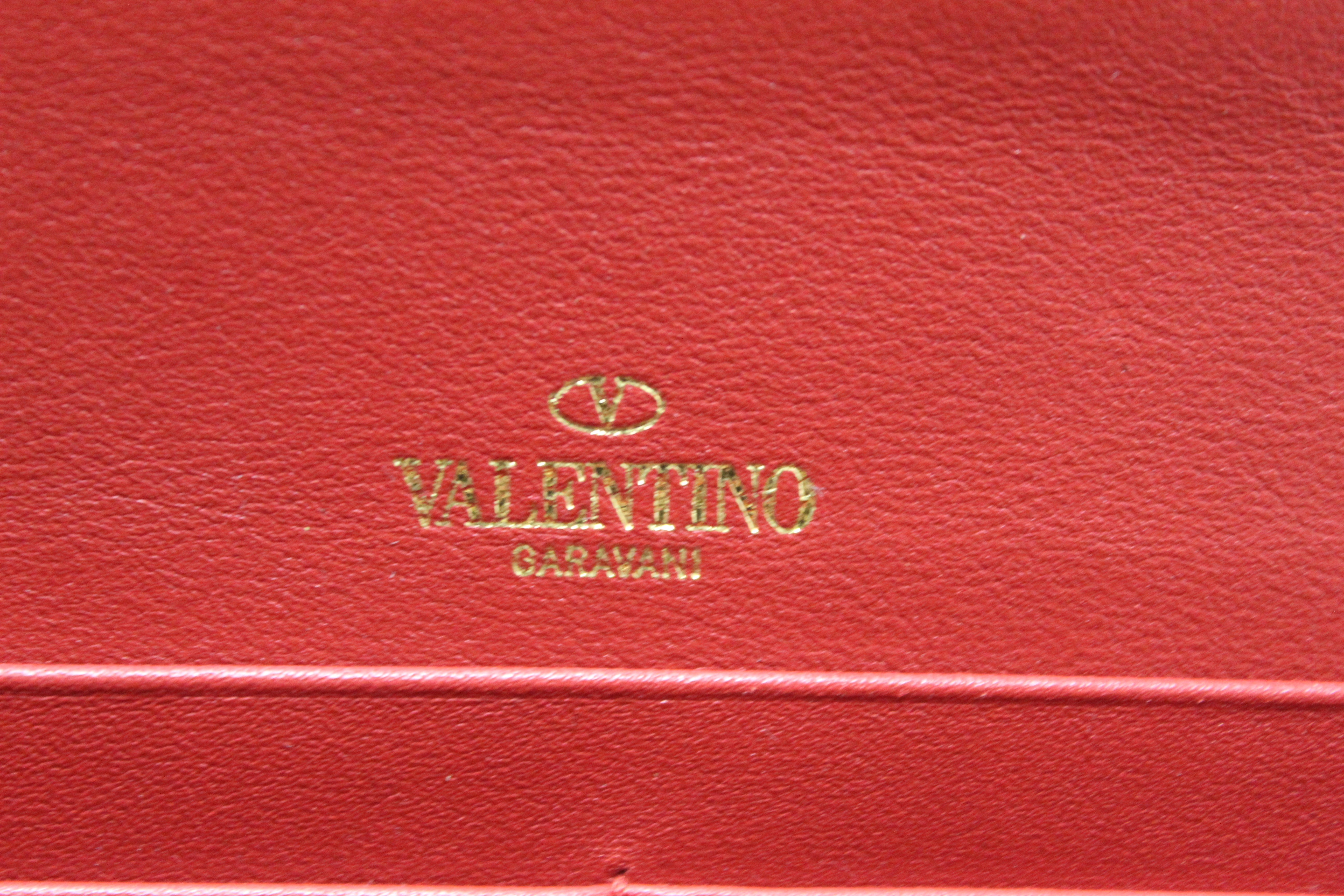 Authentic Valentino Garavani Red Vitello Small Rockstuf Flap Wallet on Chain