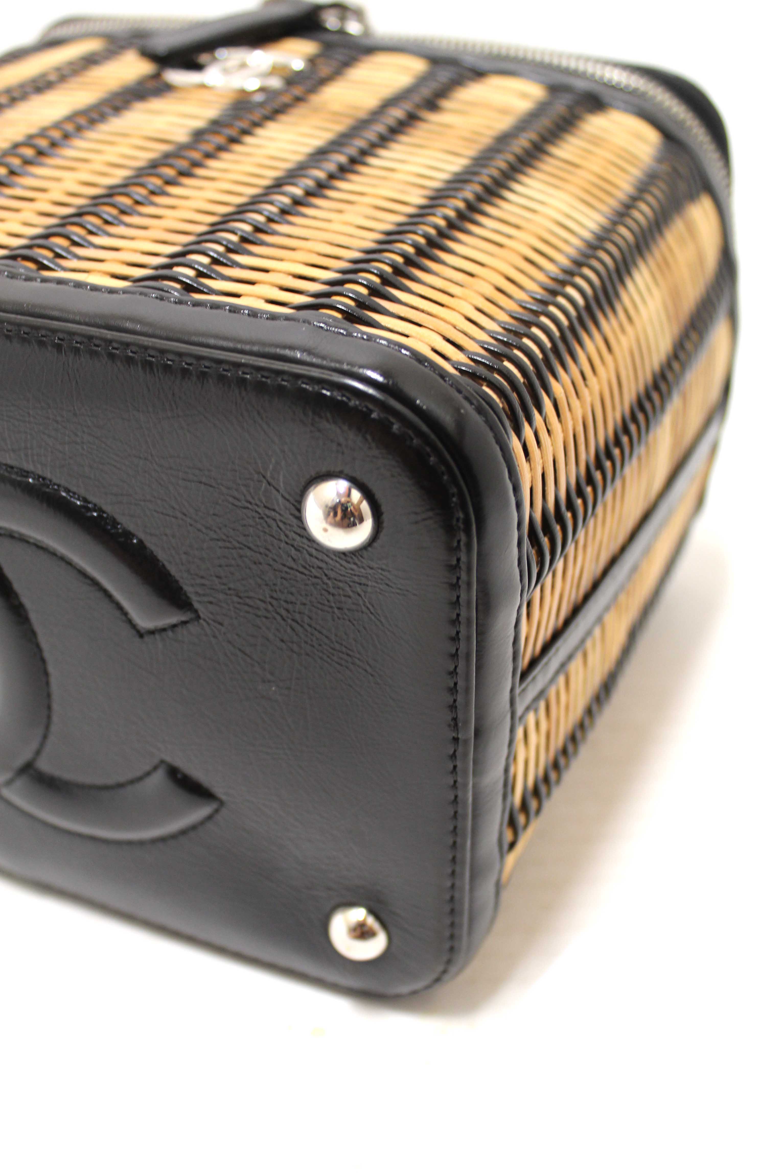 Authentic Chanel Black Calfskin and Raffia Vanity Case Shoulder Bag