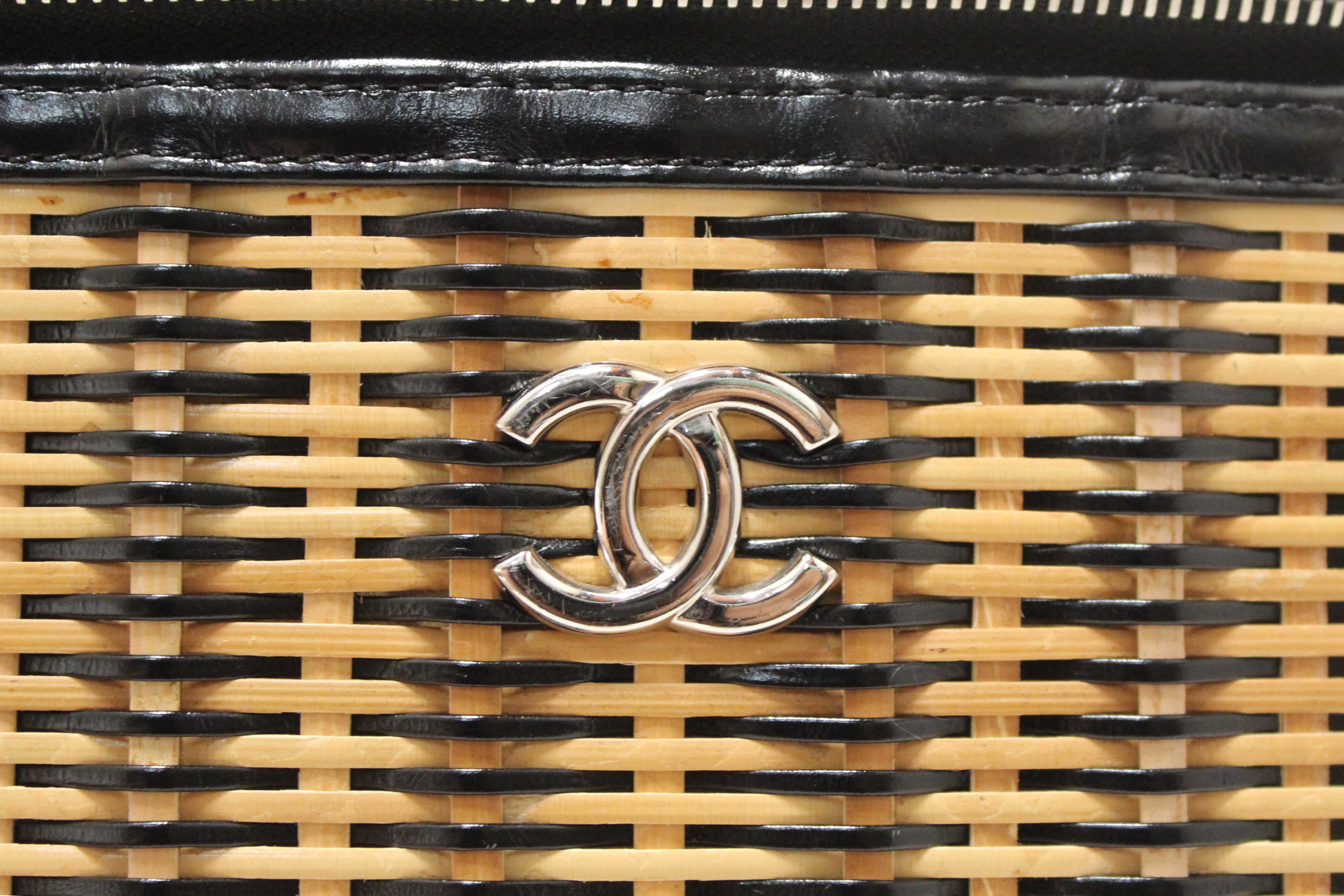 Authentic Chanel Black Calfskin and Raffia Vanity Case Shoulder Bag