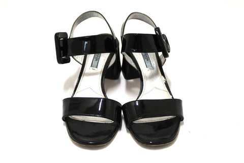 Authentic Prada Black Patent Leather Block Heel Ankle Strap Slingblack Sandal Size 38.5