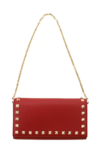 Authentic Valentino Garavani Red Vitello Small Rockstuf Flap Wallet on Chain