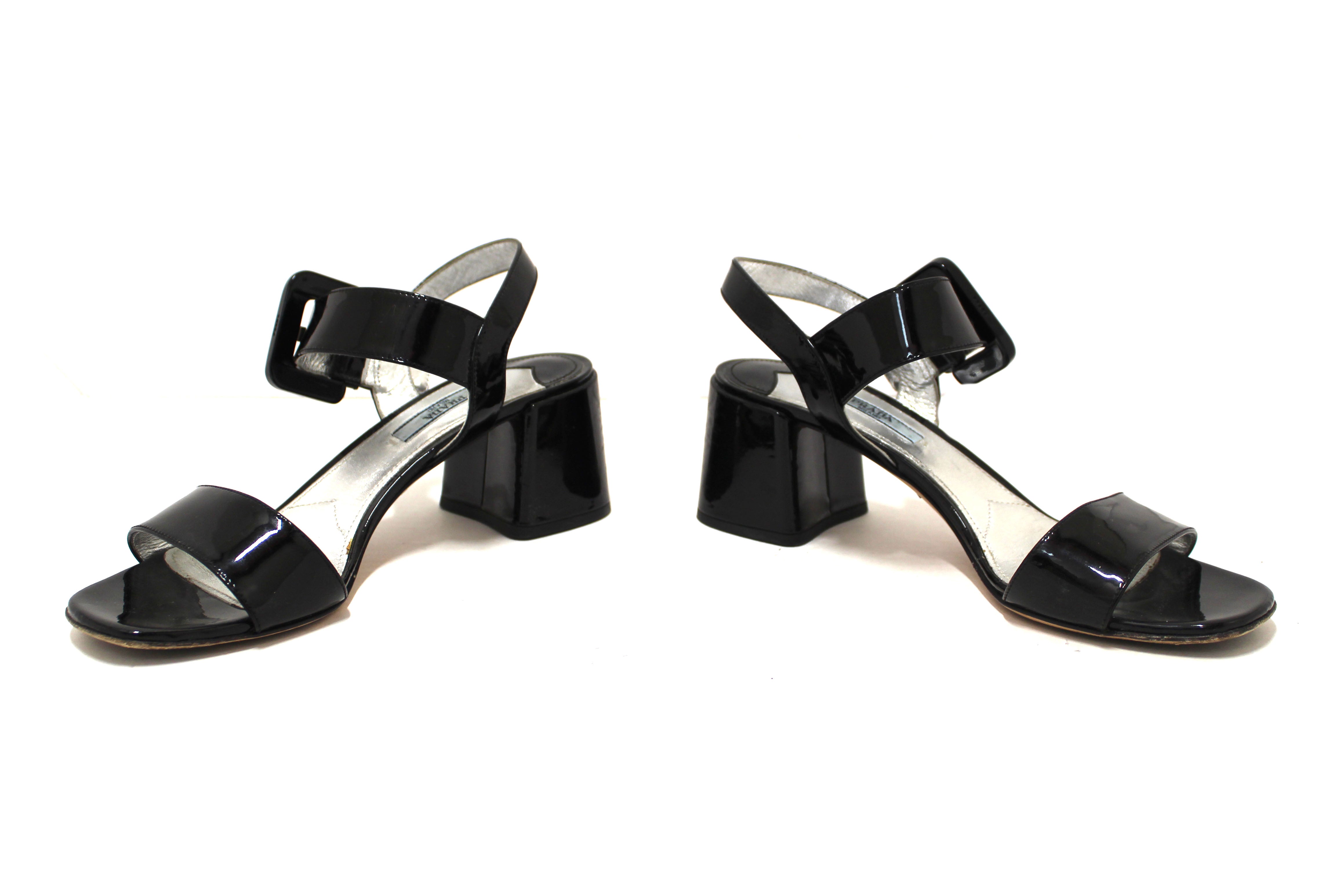 Authentic Prada Black Patent Leather Block Heel Ankle Strap Slingblack Sandal Size 38.5