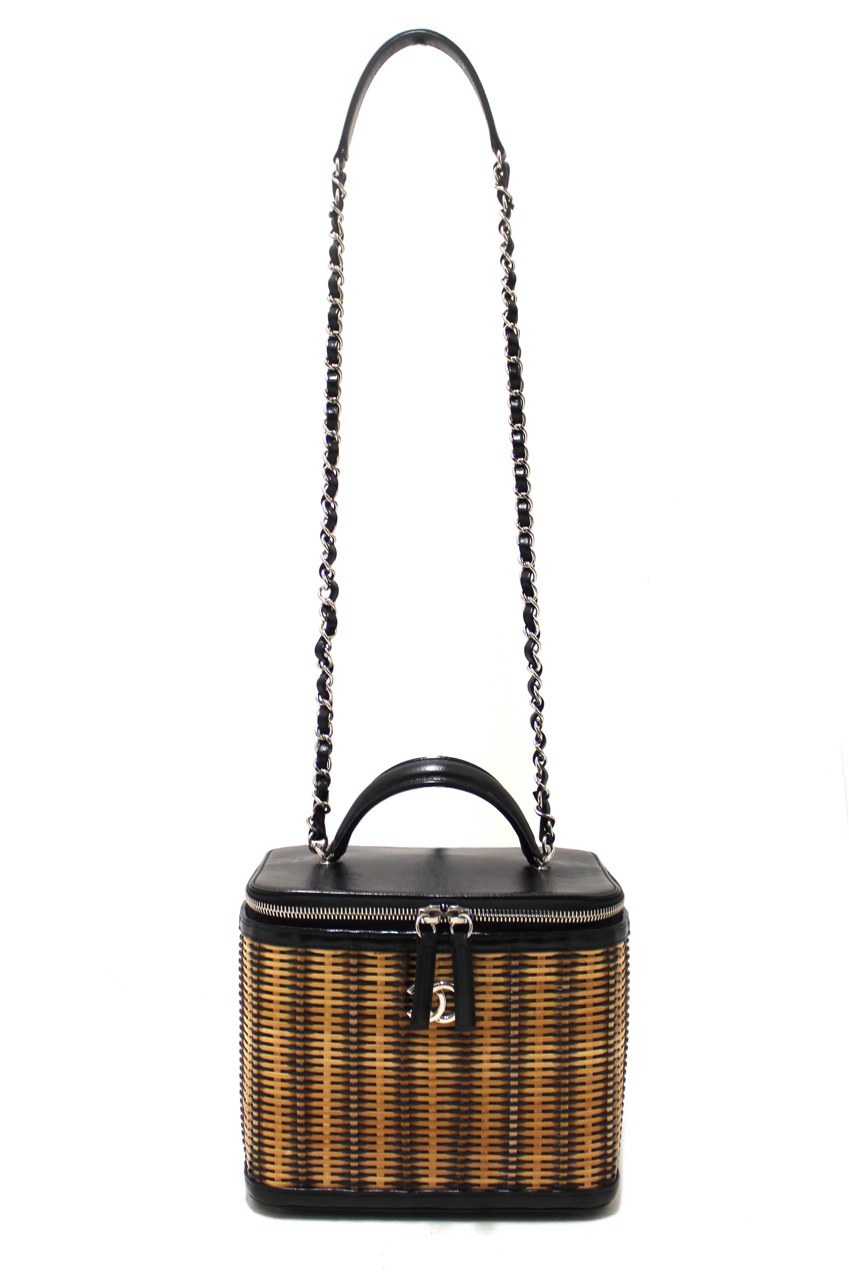 Authentic Chanel Black Calfskin and Raffia Vanity Case Shoulder Bag