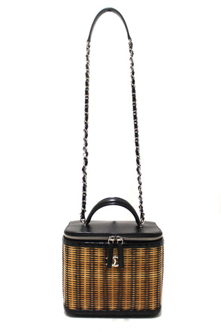 Authentic Chanel Black Calfskin and Raffia Vanity Case Shoulder Bag