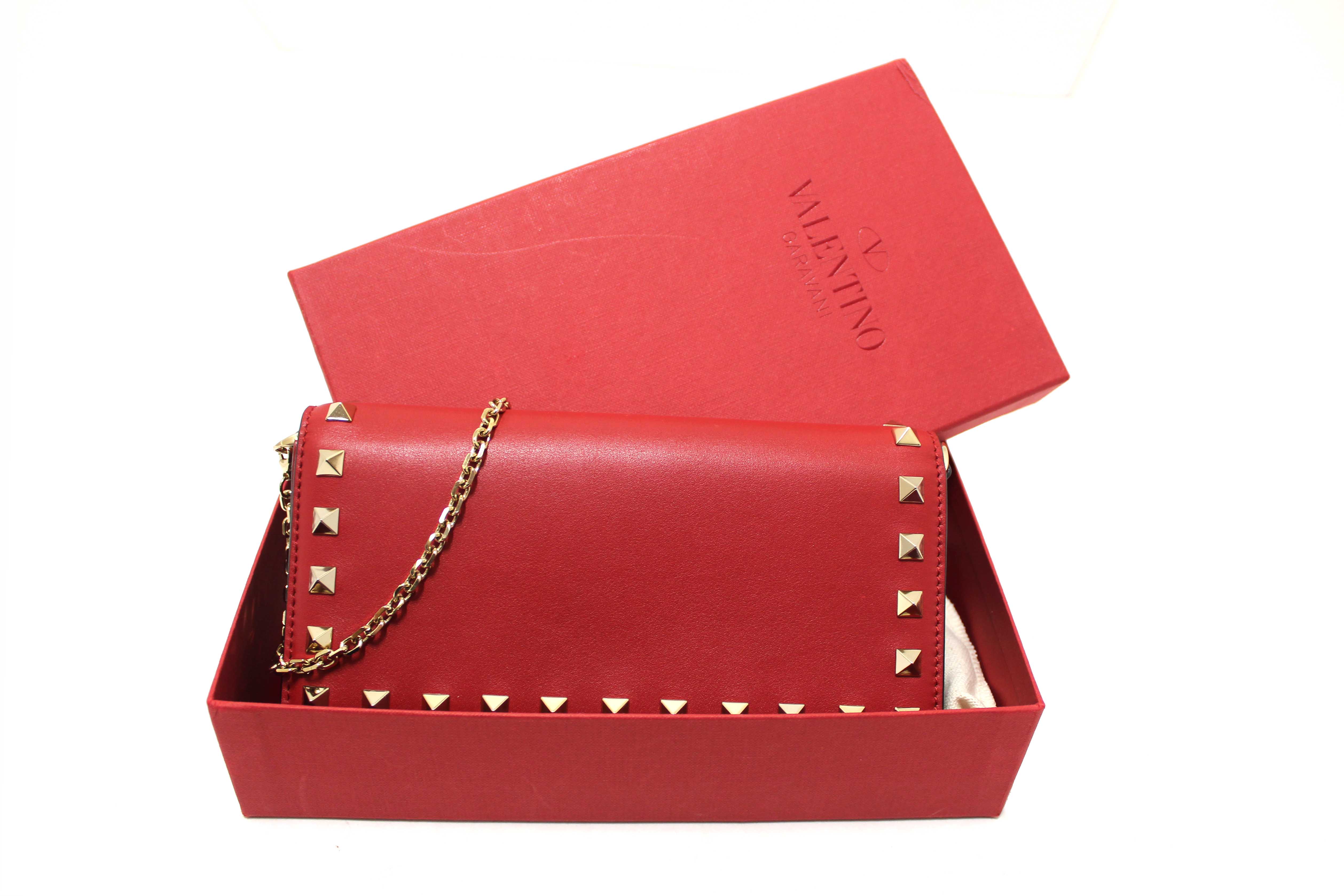 Authentic Valentino Garavani Red Vitello Small Rockstuf Flap Wallet on Chain