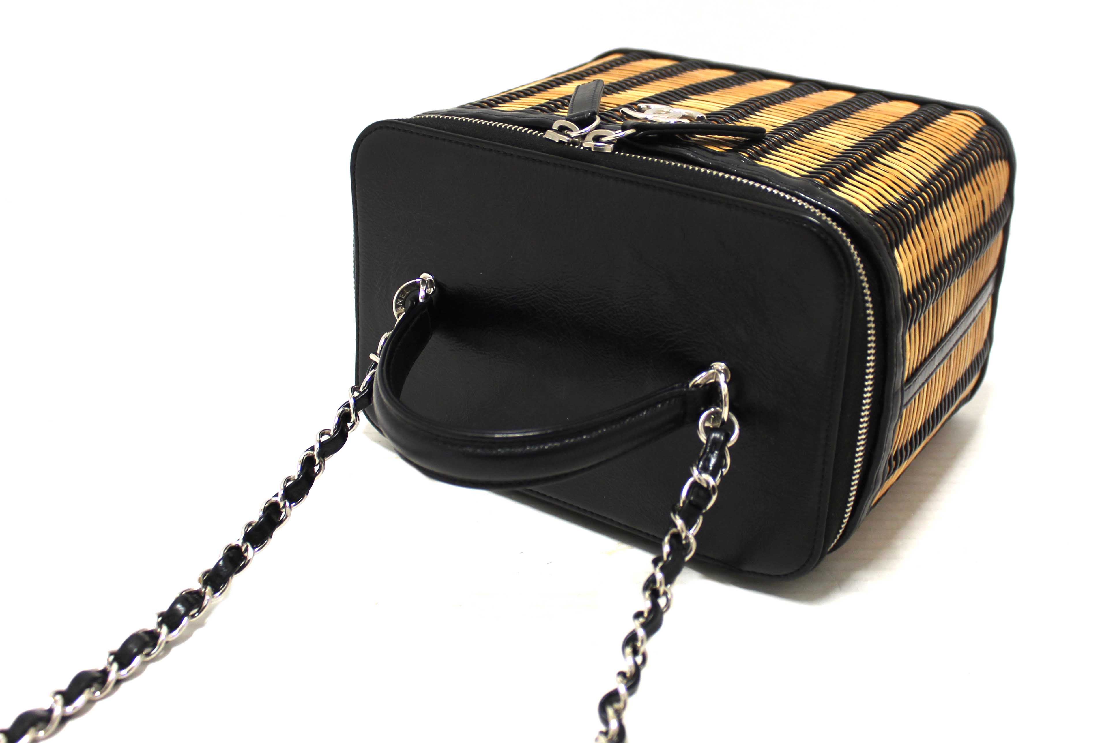 Authentic Chanel Black Calfskin and Raffia Vanity Case Shoulder Bag