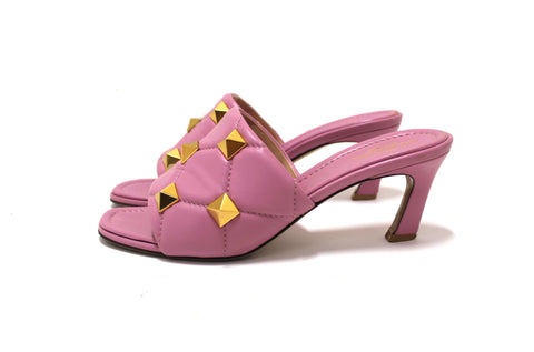 Authentic Valentino Garavani Pink Leather Roman Stud Quilted Slide Heel Size 38.5