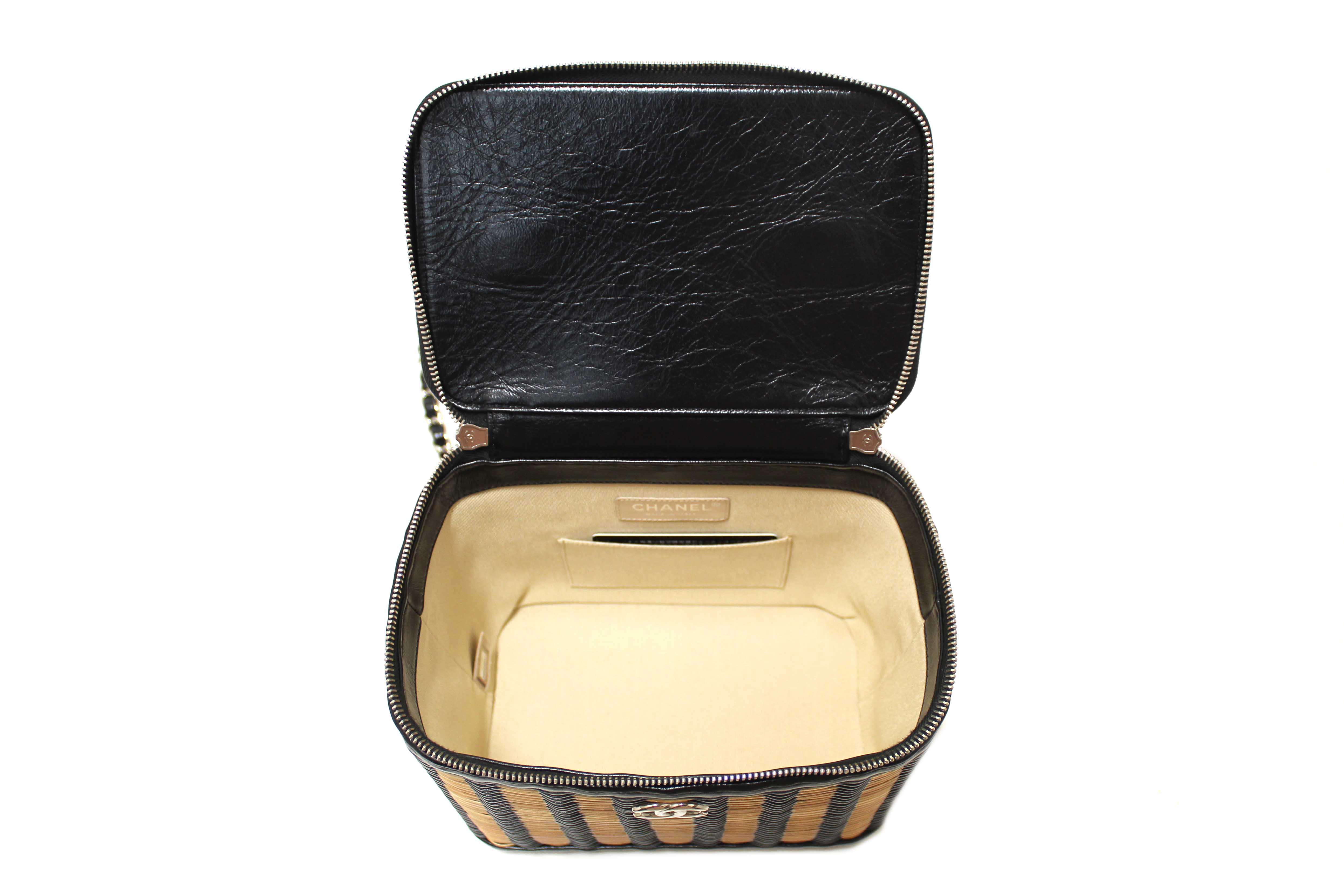 Authentic Chanel Black Calfskin and Raffia Vanity Case Shoulder Bag