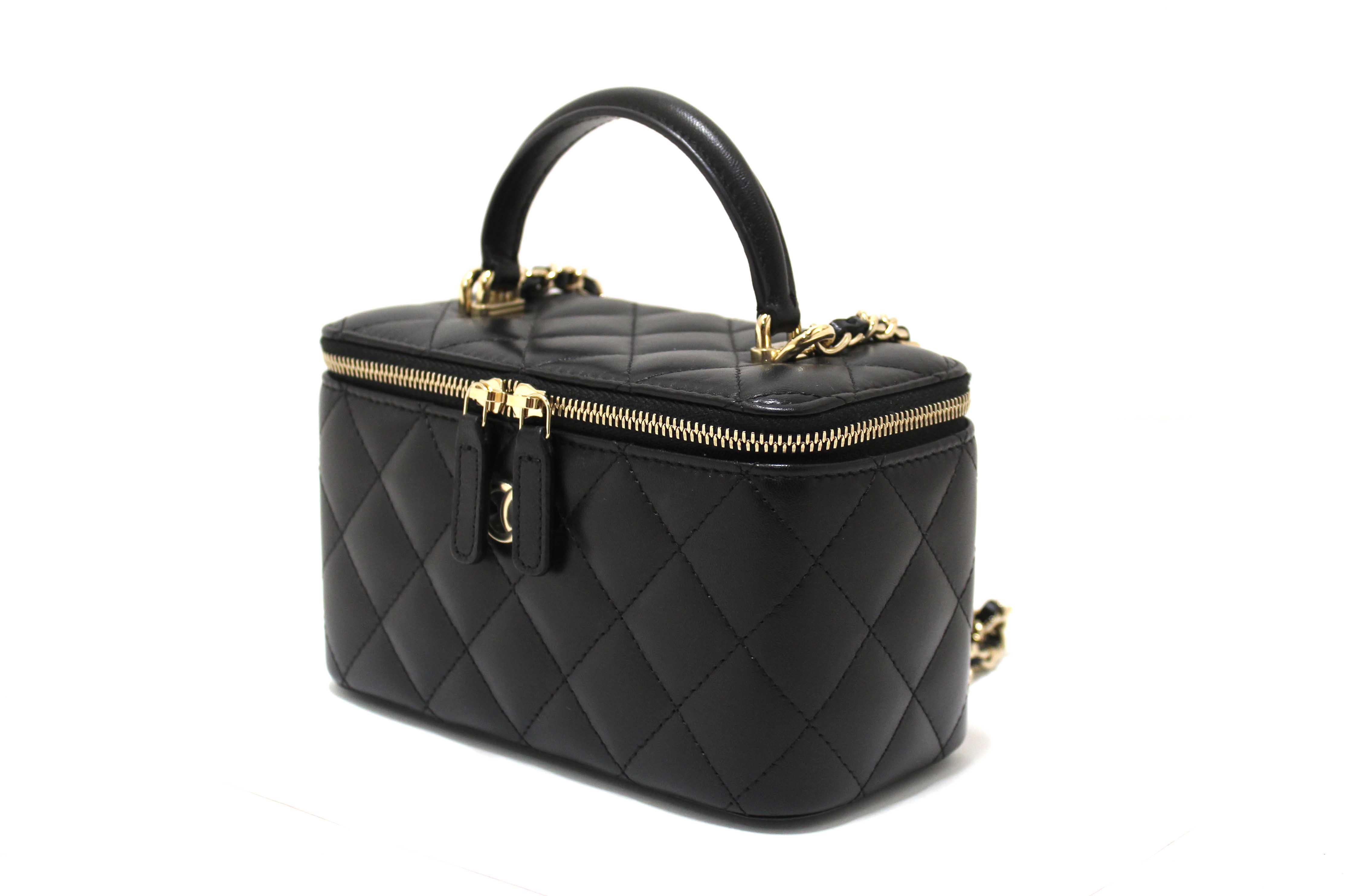 Authentic Chanel Black Quilted Lambskin Leather Top Handle Vanity Case with Chain