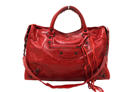 Authentic Balenciaga Red Classic City Lambskin Leather Shoulder Bag