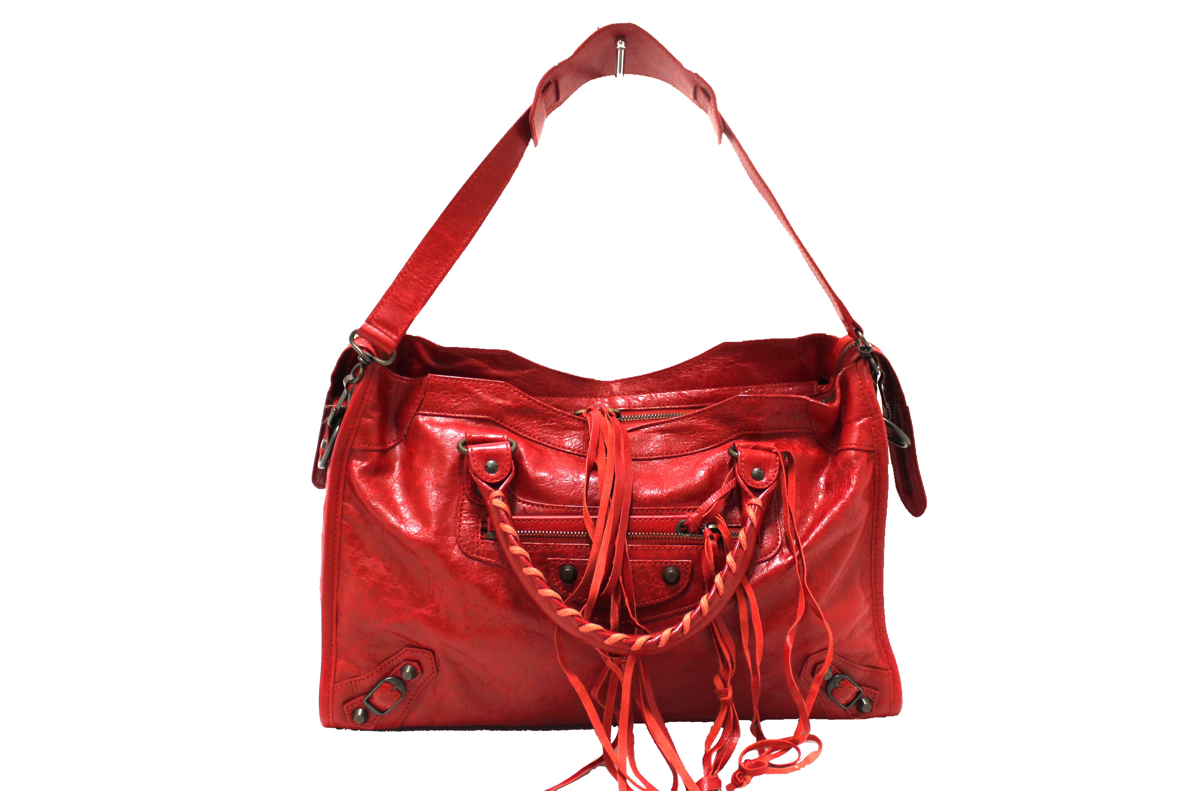 Authentic Balenciaga Red Classic City Lambskin Leather Shoulder Bag