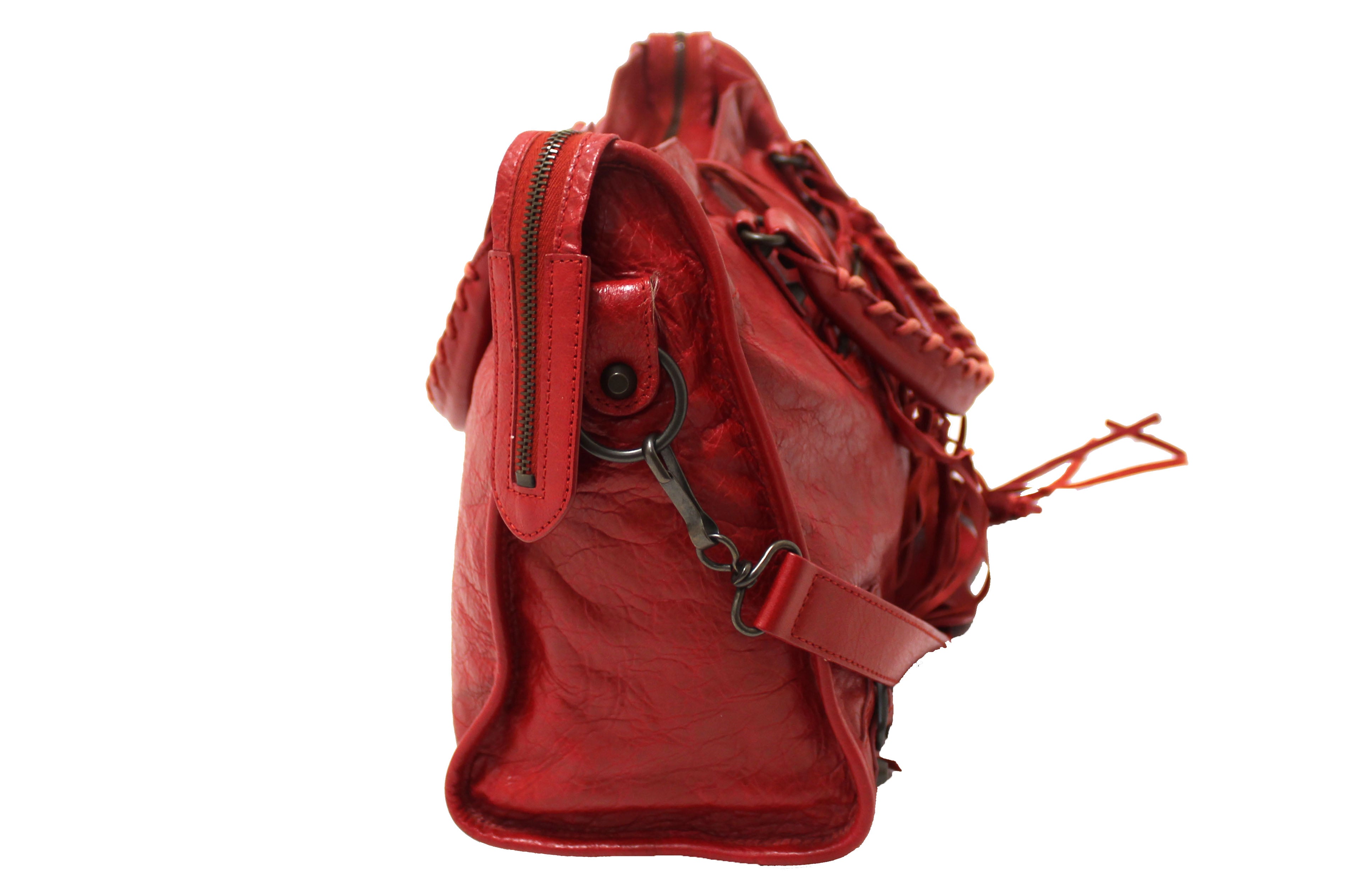 Authentic Balenciaga Red Classic City Lambskin Leather Shoulder Bag