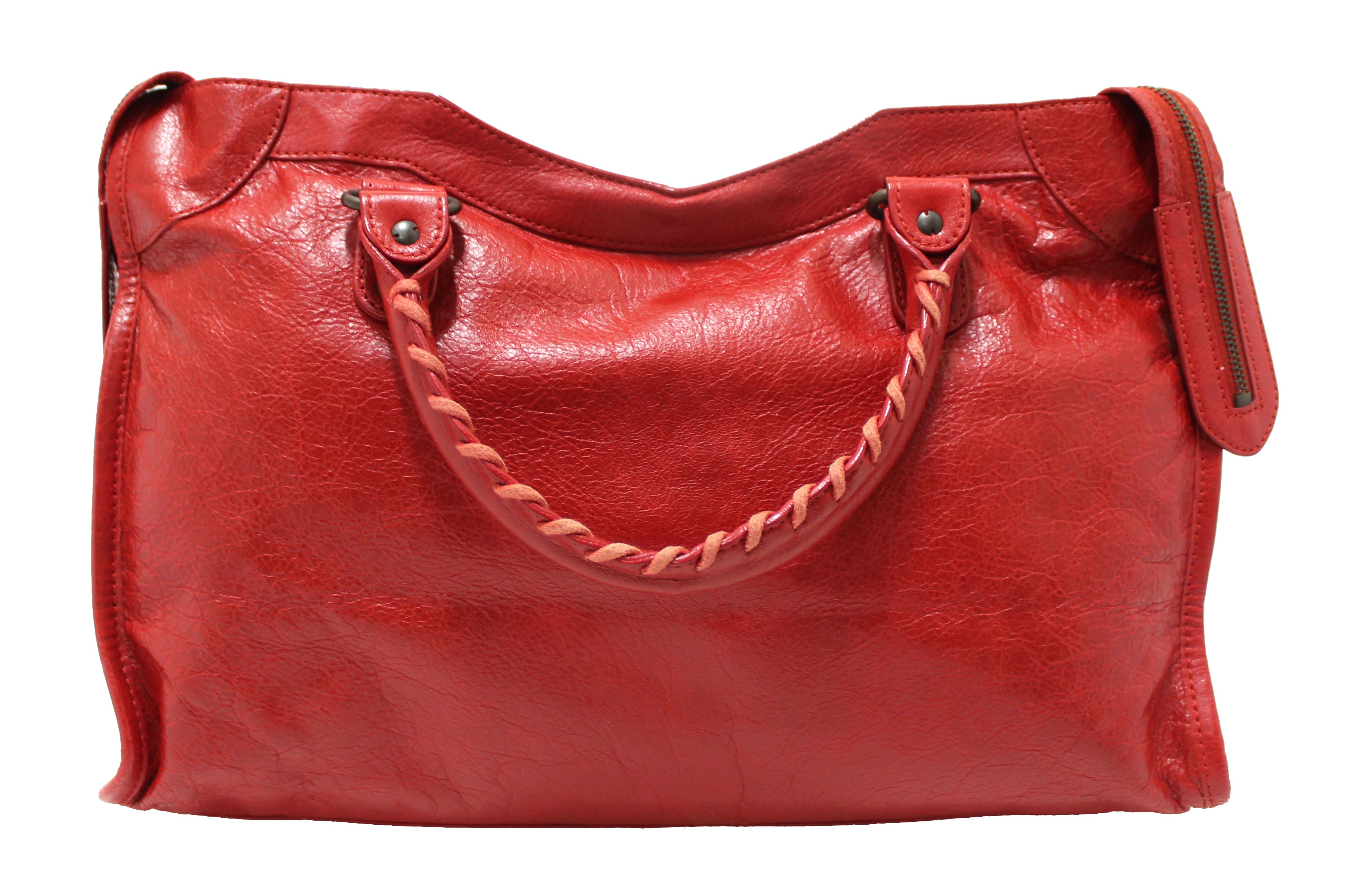 Authentic Balenciaga Red Classic City Lambskin Leather Shoulder Bag