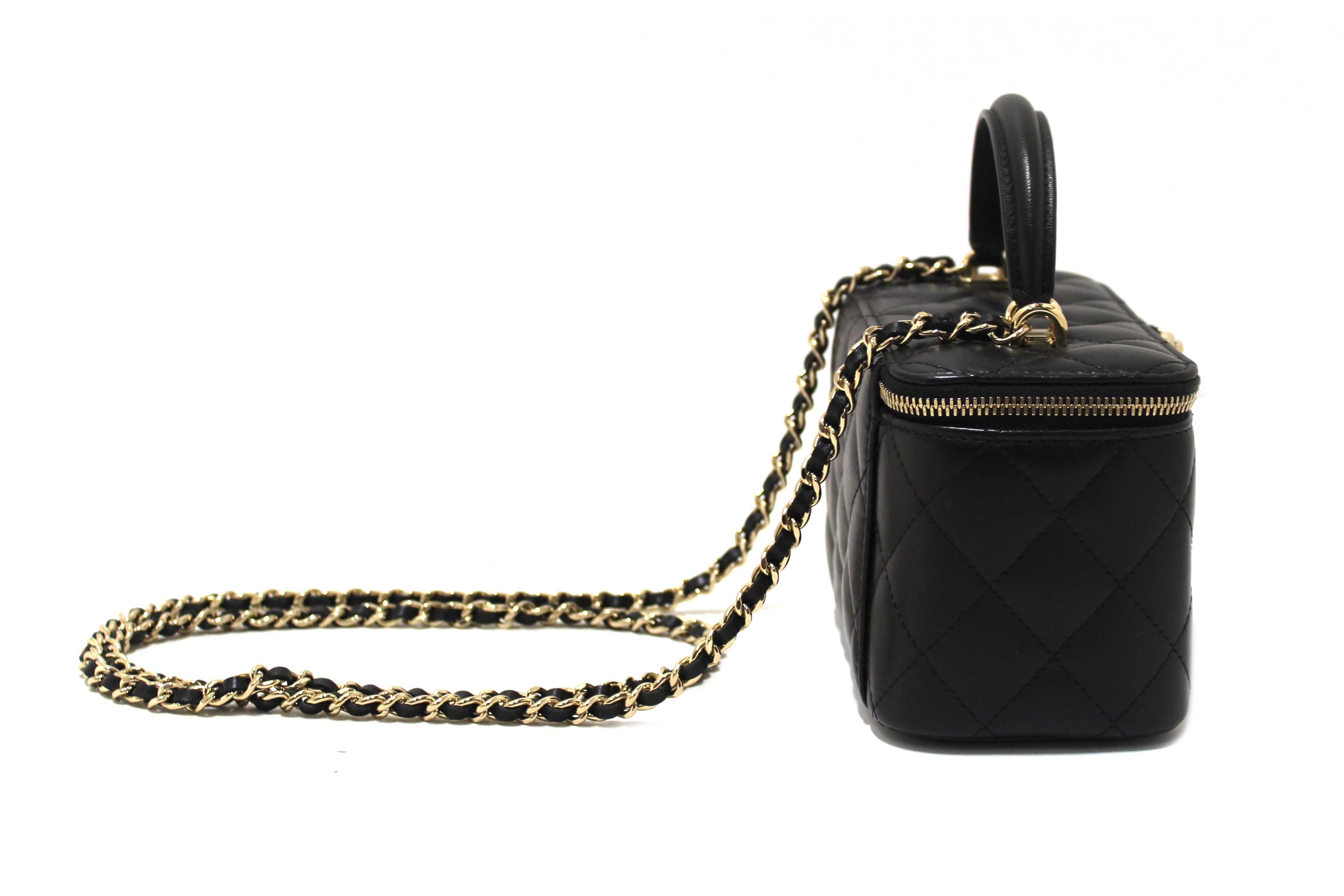 Authentic Chanel Black Quilted Lambskin Leather Top Handle Vanity Case with Chain