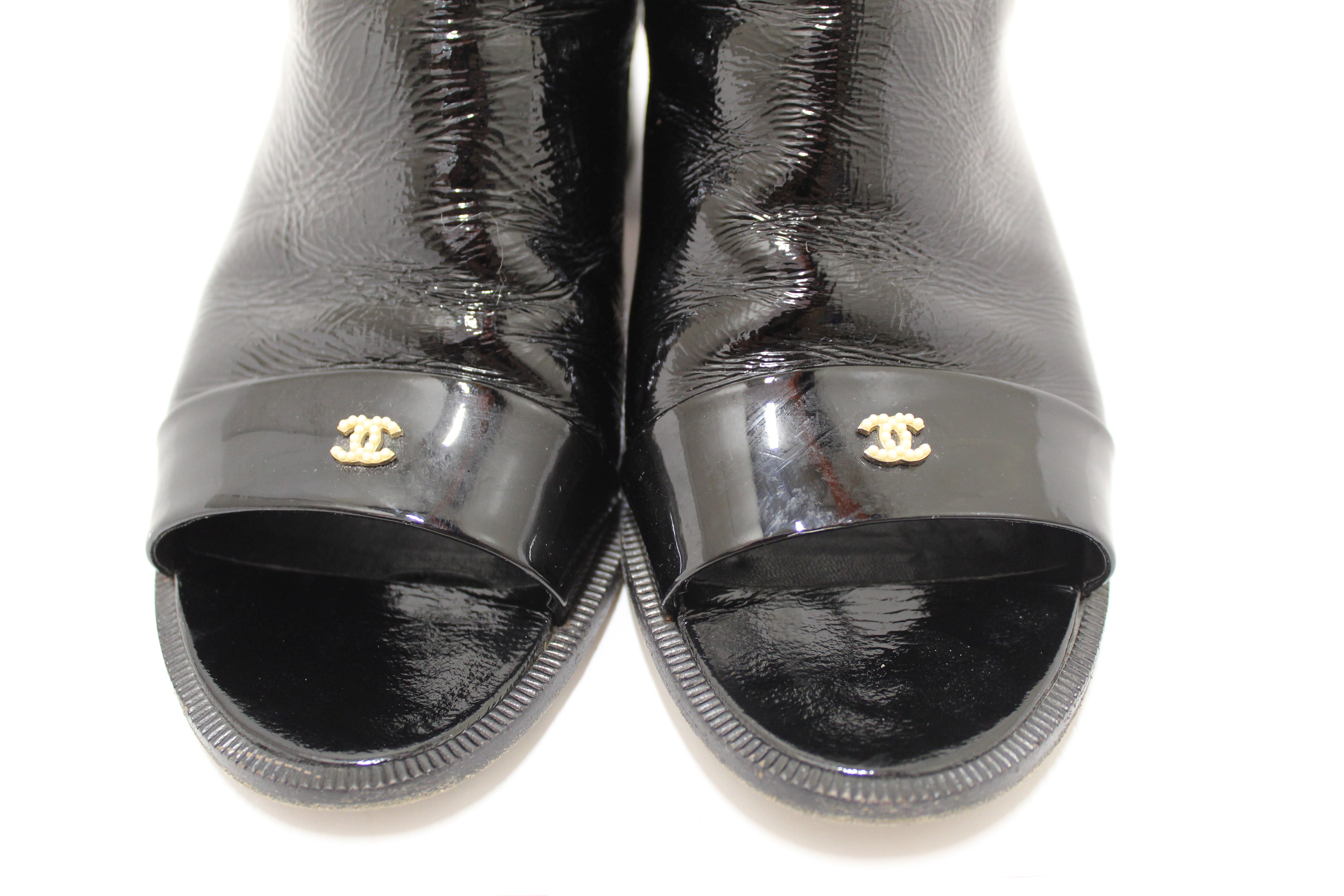 Authentic Chanel Black Patent Leather Peep Toe Short Ankle Boots 38.5