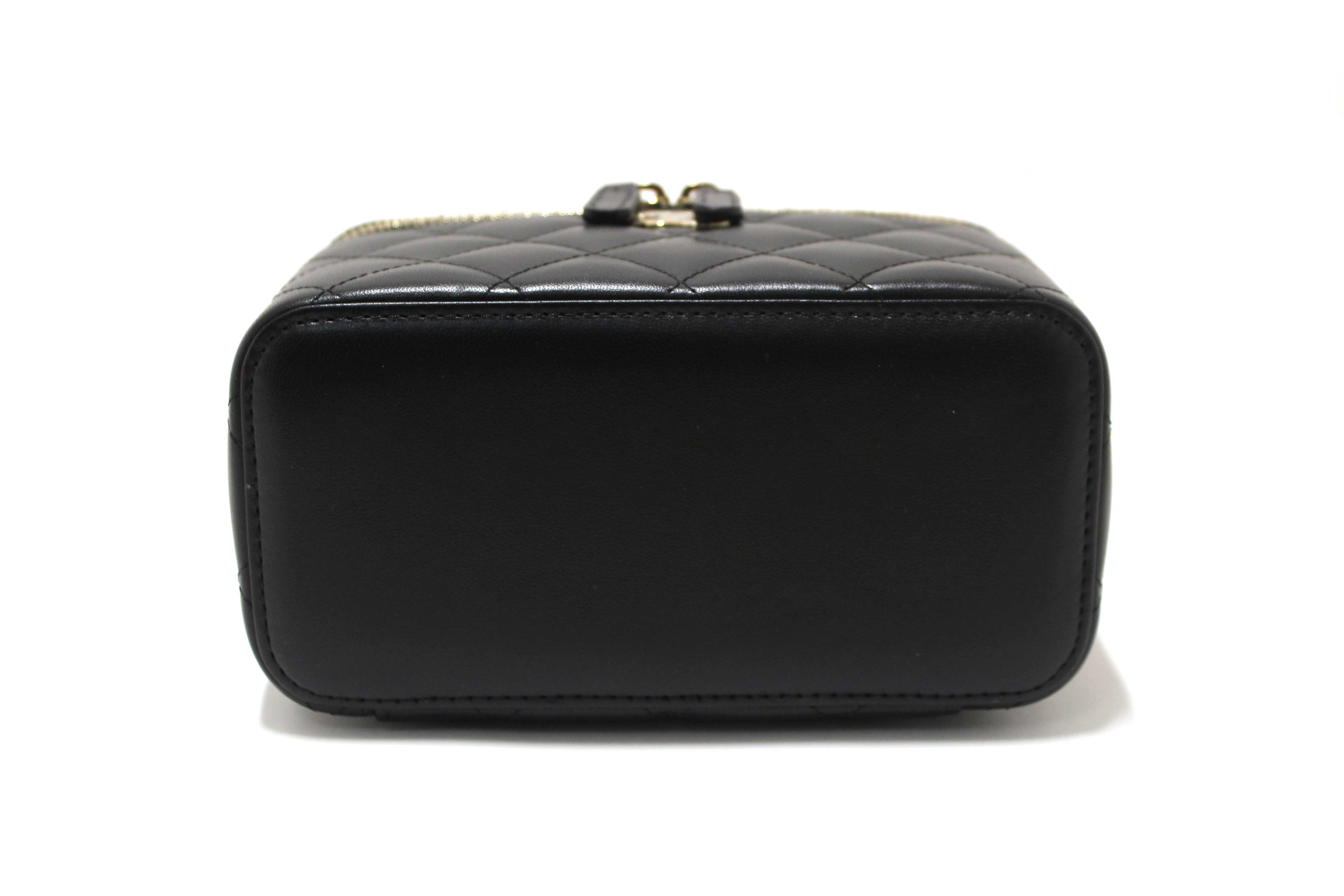 Authentic Chanel Black Quilted Lambskin Leather Top Handle Vanity Case with Chain