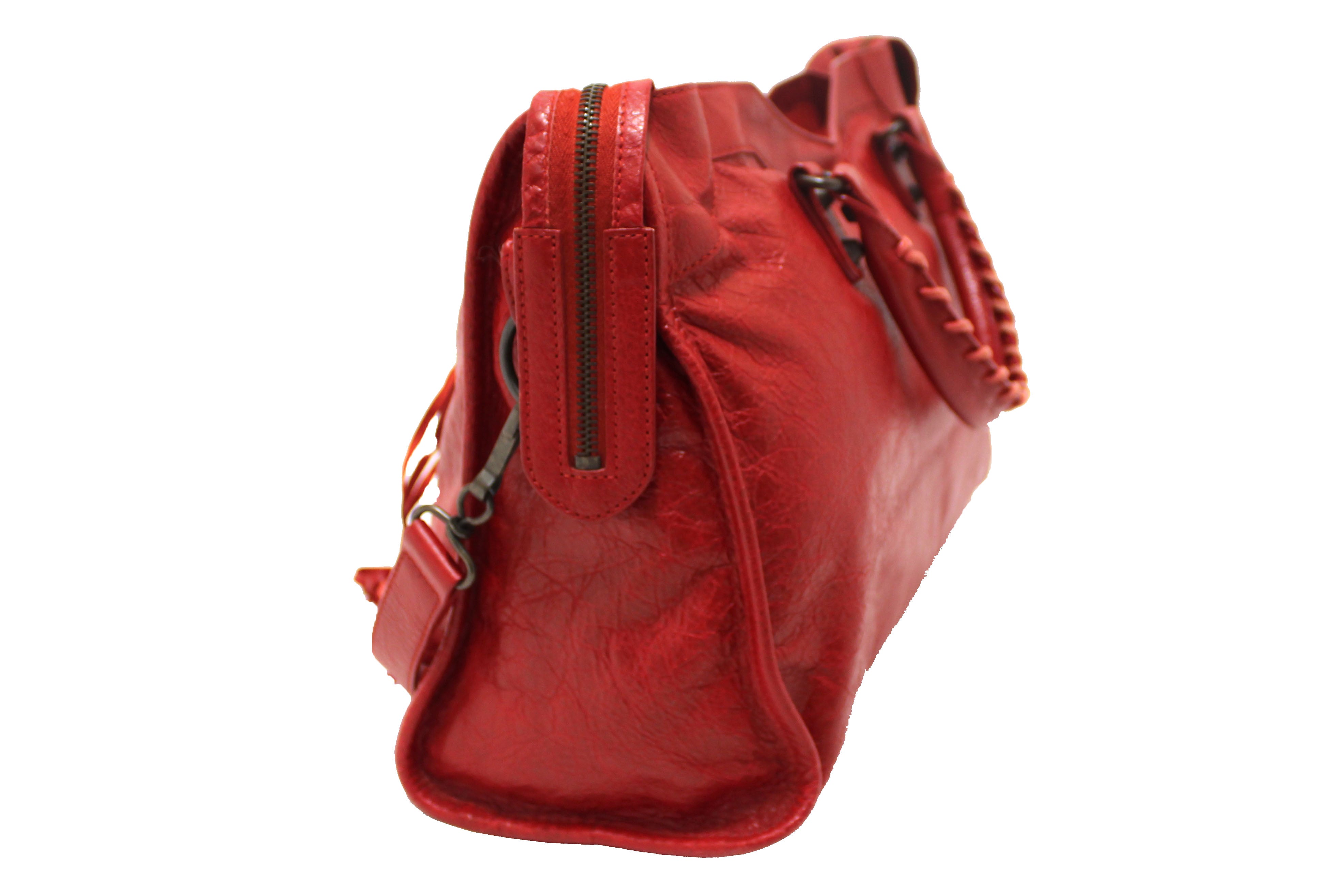 Authentic Balenciaga Red Classic City Lambskin Leather Shoulder Bag