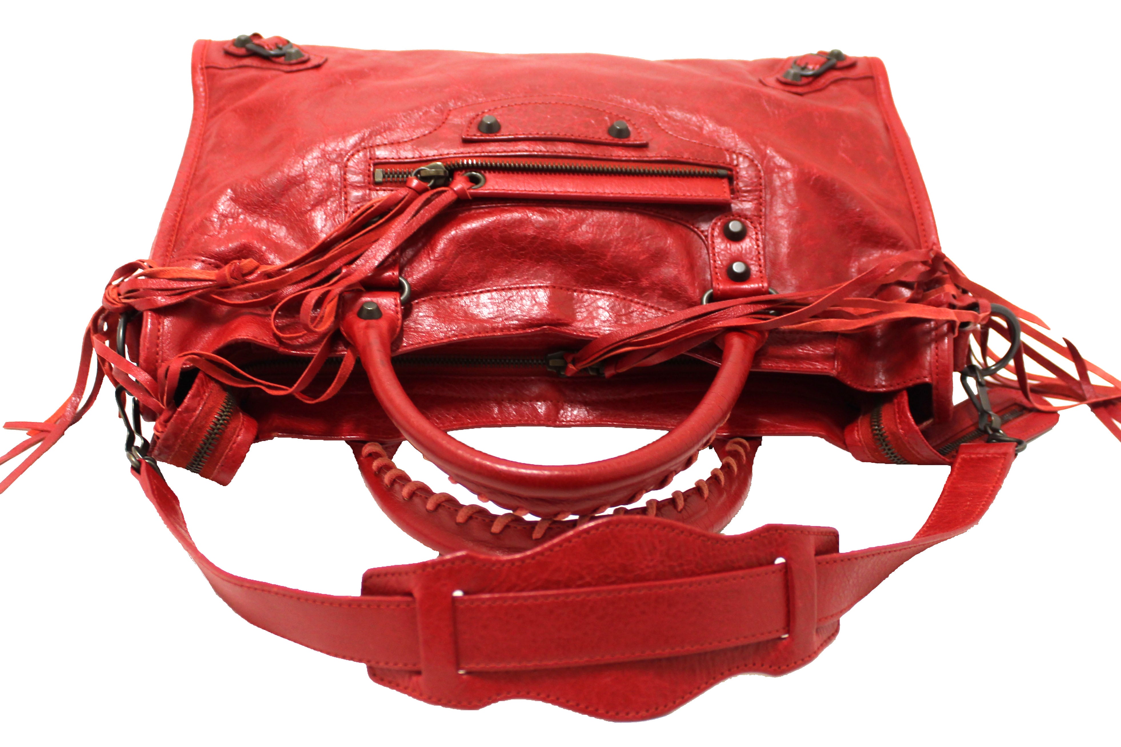 Authentic Balenciaga Red Classic City Lambskin Leather Shoulder Bag