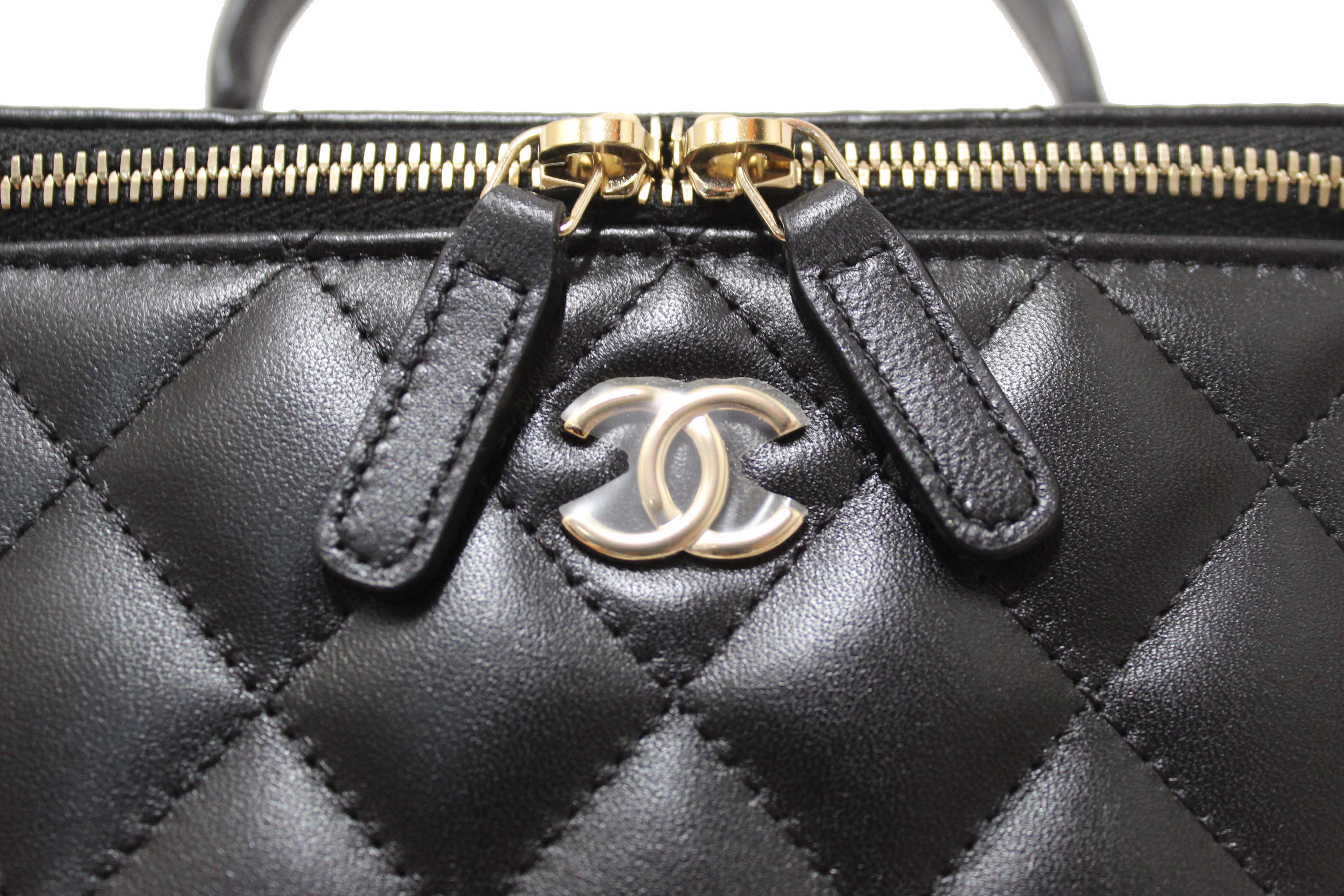 Authentic Chanel Black Quilted Lambskin Leather Top Handle Vanity Case with Chain